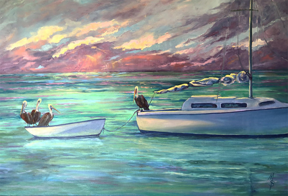 Pelicans on Sailboat