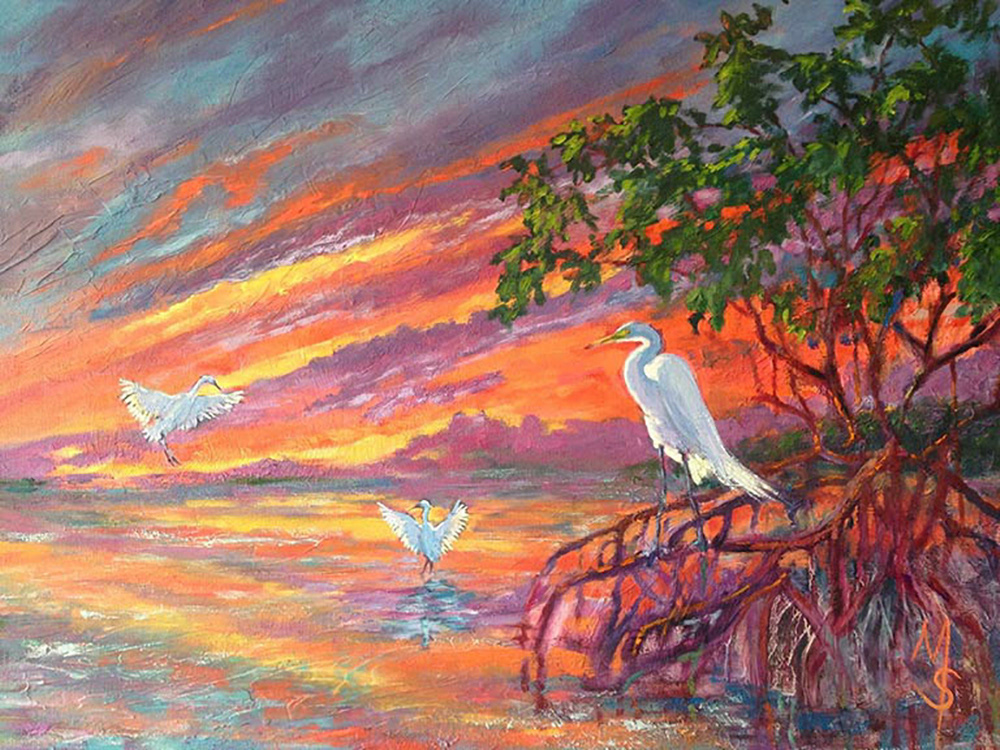 Sunset Egret Dance 18"x24"