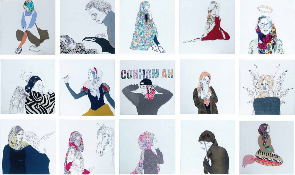 Metanoia Fragments, 2016, Fabric Collages and Mixed Media on Canvas, 35.5cm x 35.5cm (each)