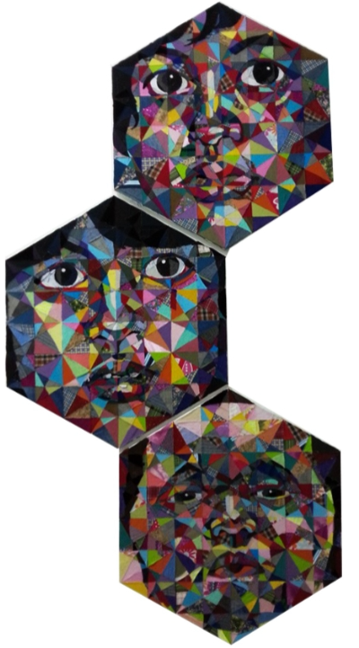 Three Stages of Life, 2013, Fabric Collages on Canvas, 364cm x 107cm
