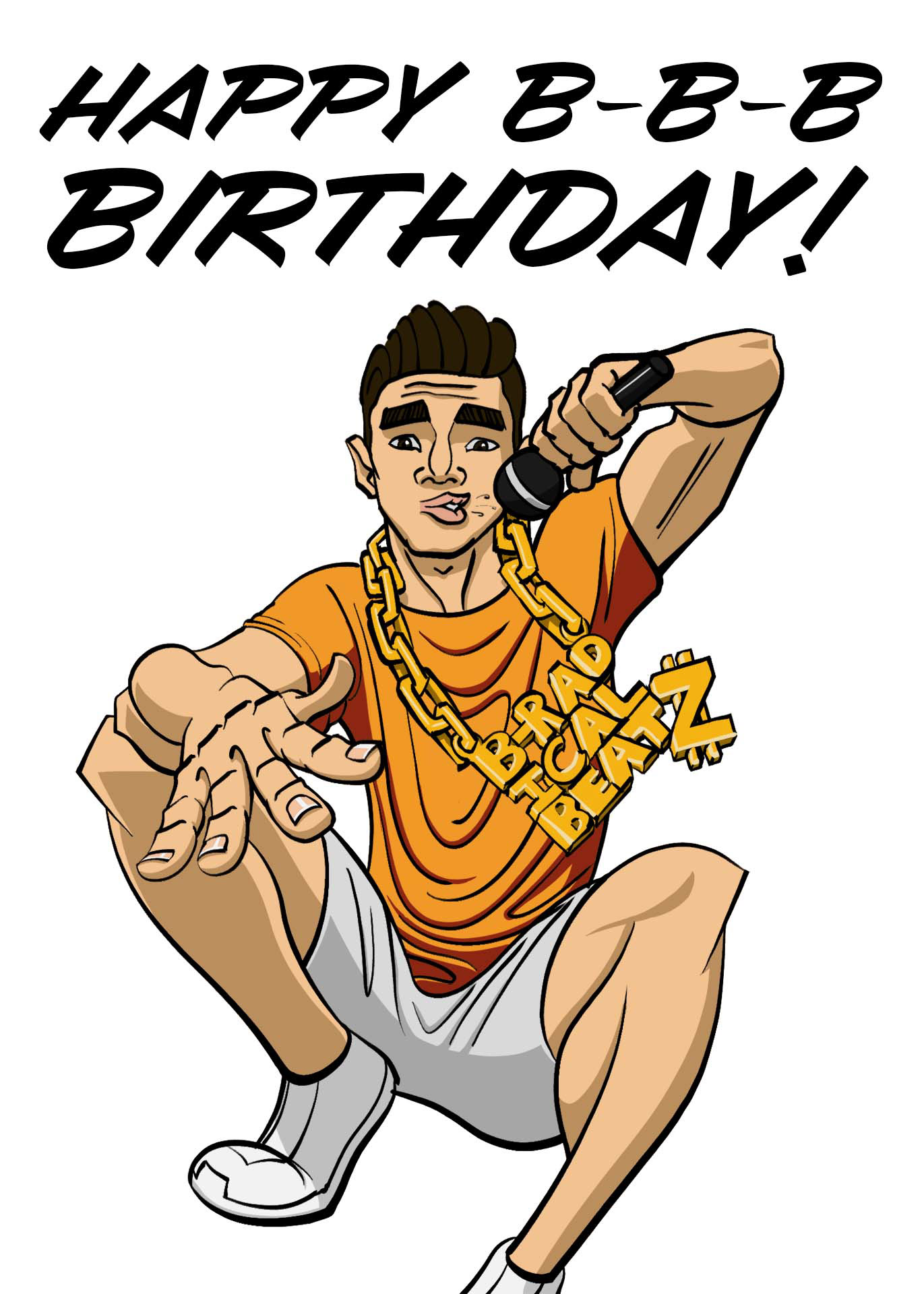 Happy B-B-B-Birthday, beatboxer crouching with bling and microphone, coloured