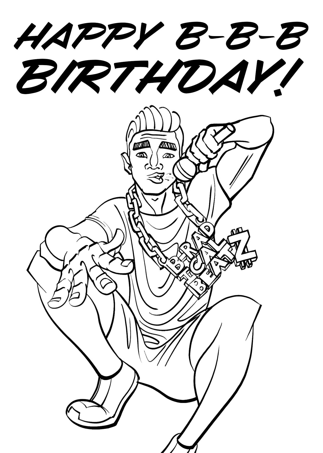 Happy B-B-B-Birthday, beatboxer crouching with bling and microphone, inks