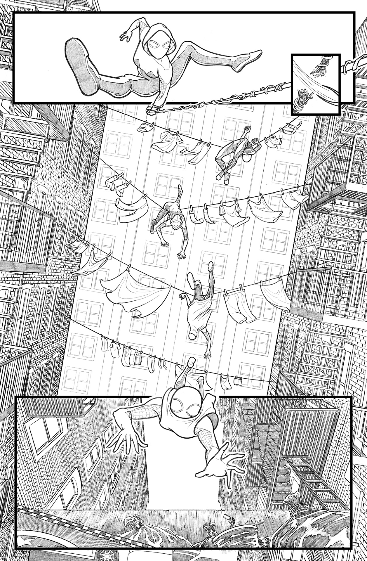 Spider-Gwen swinging then falling into alley garbage comic page