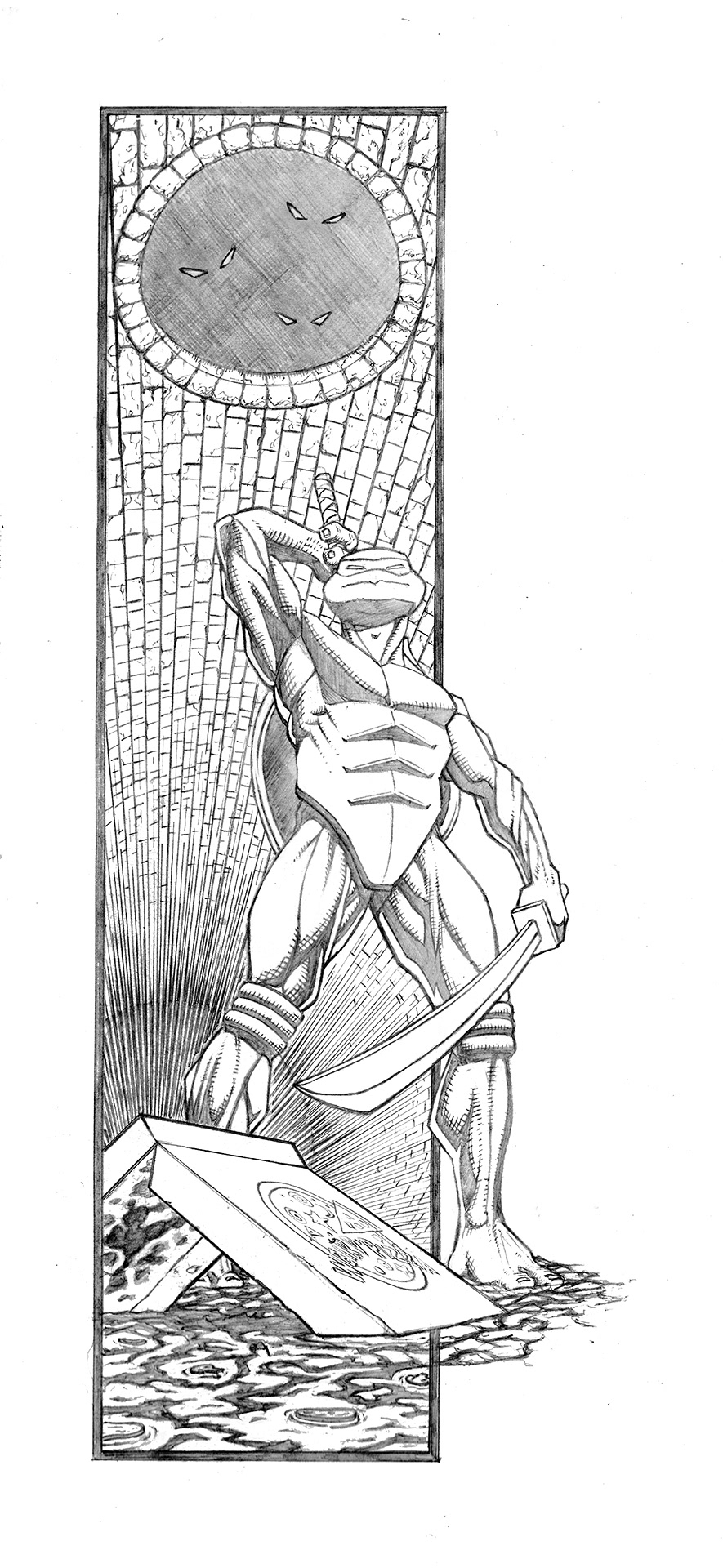 Ninja Turtle Leonardo with Sword and Pizza in Sewer