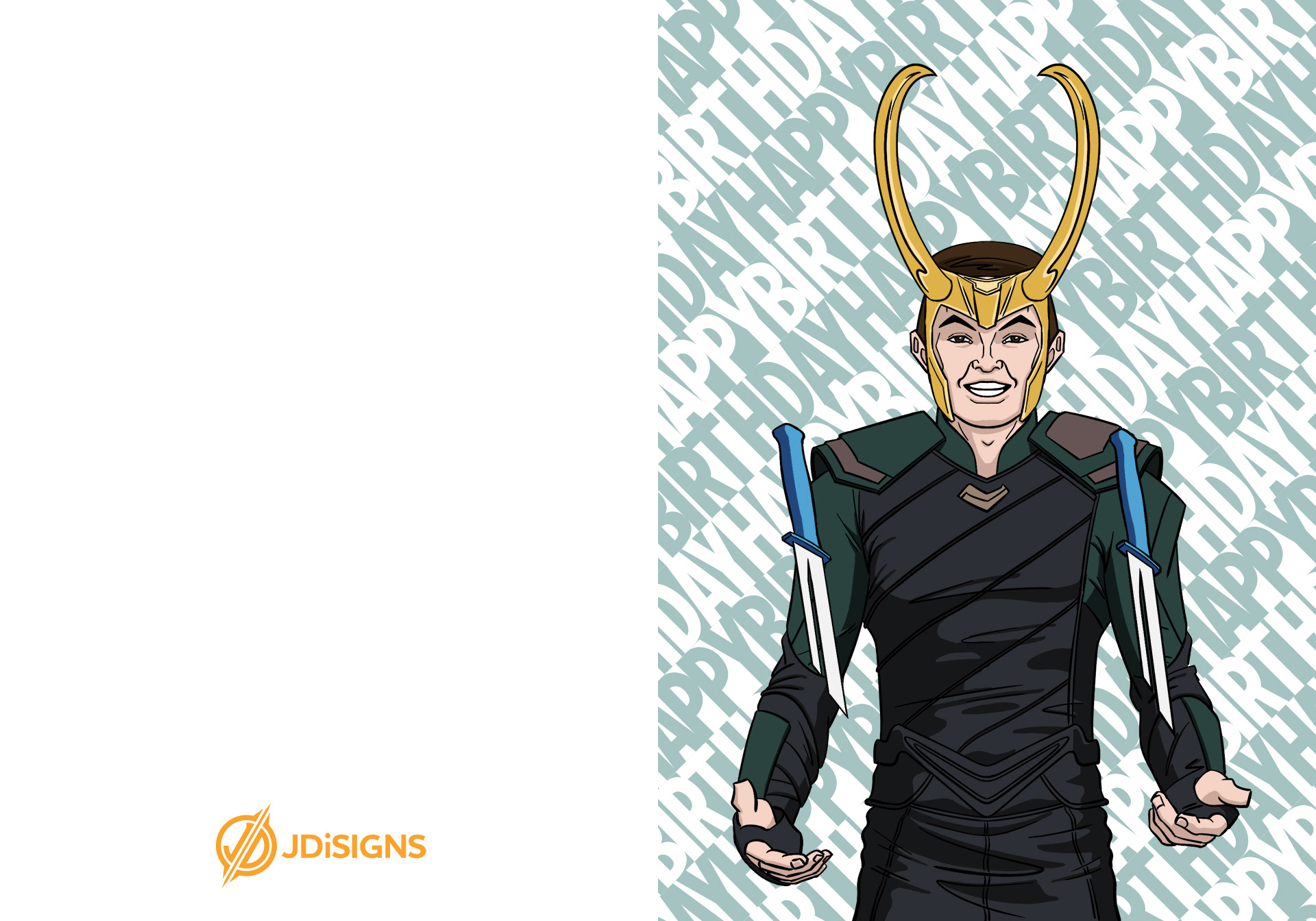 Loki spinning daggers birthday card outside