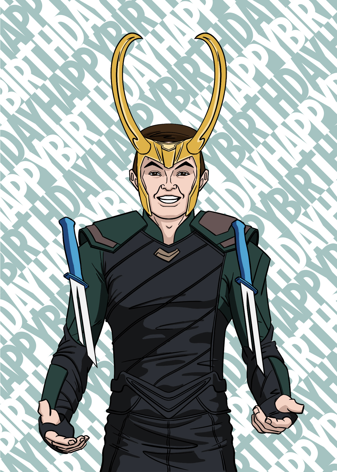 Loki spinning daggers birthday card illustration