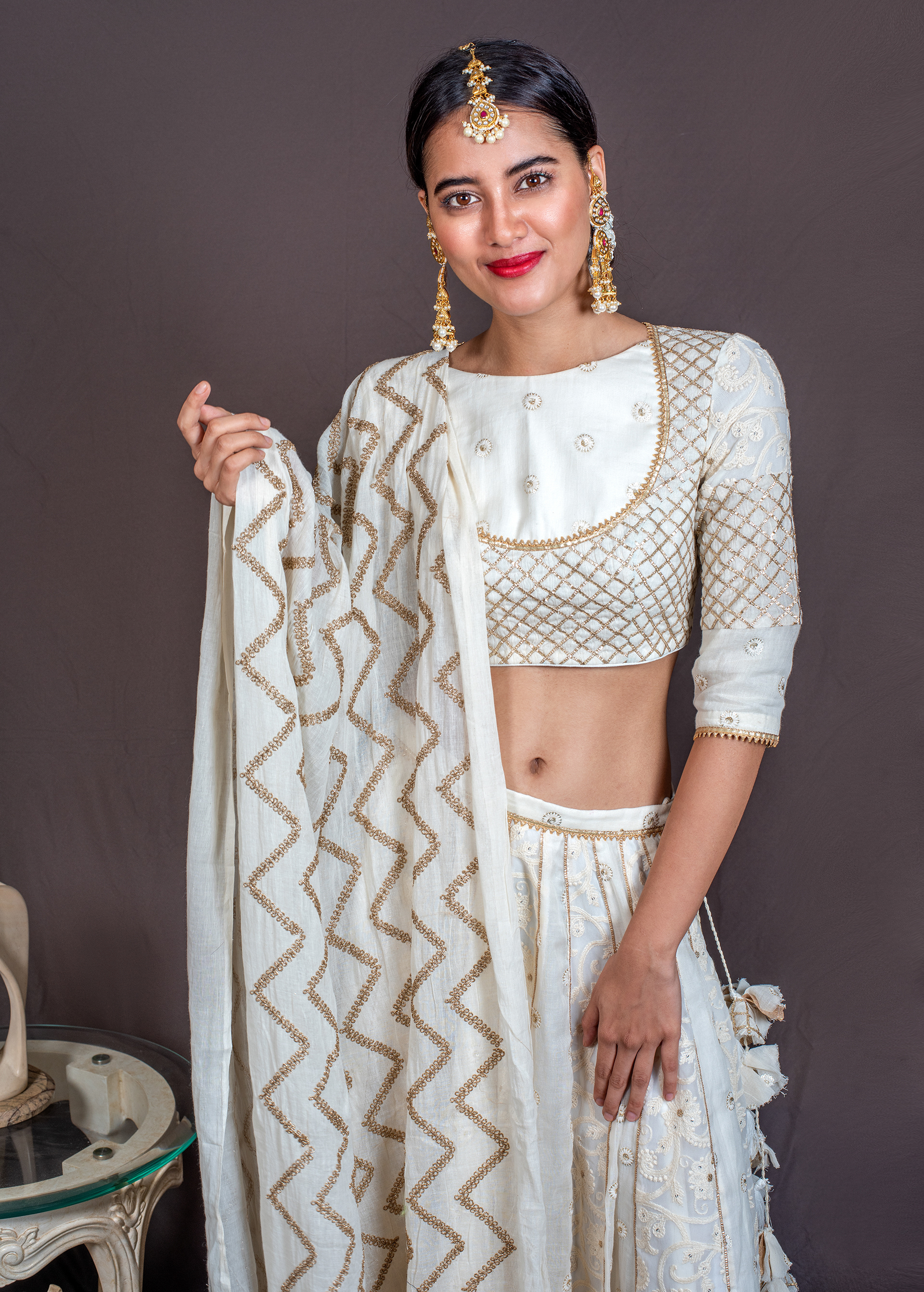 Model portfolio shoot in branded couture outfit for fashion label promotion