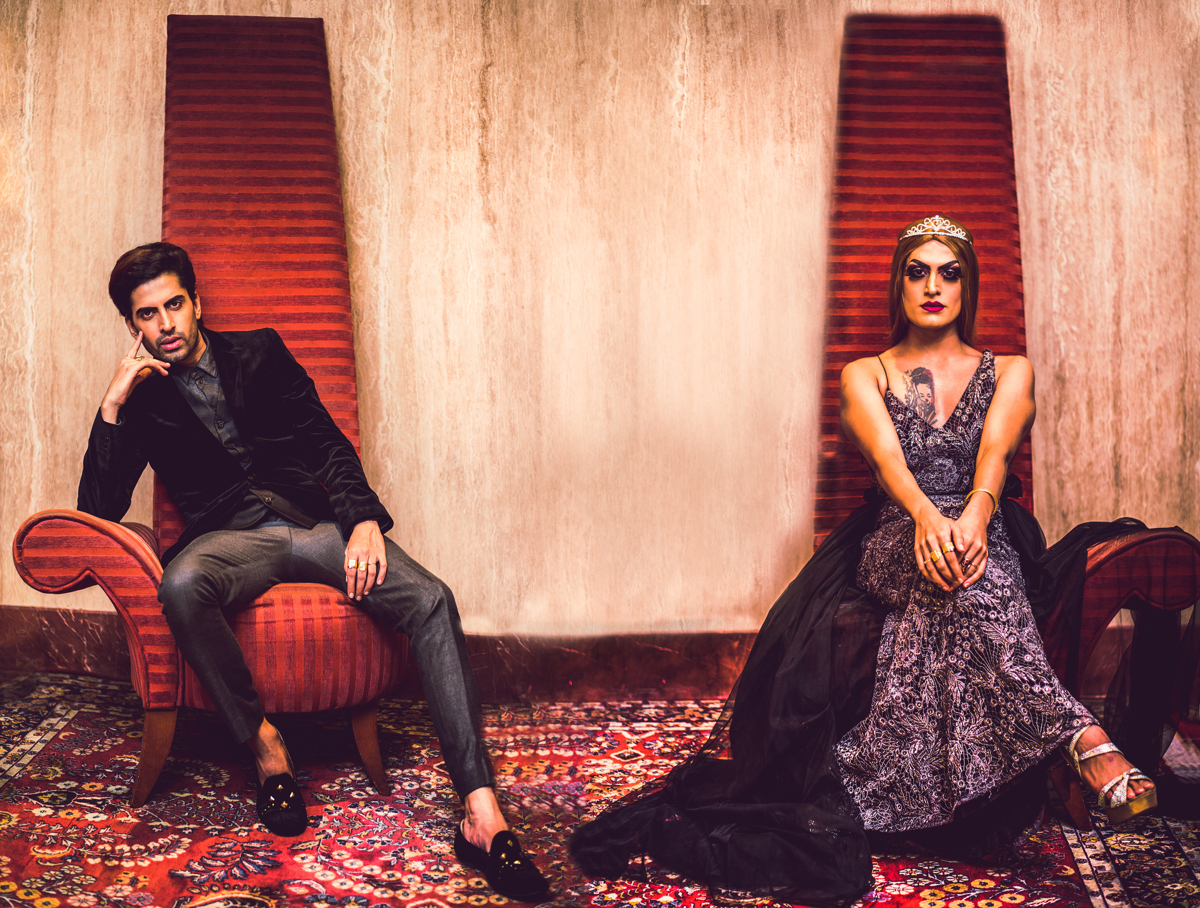 Dual portrait showcasing Sushant Divgikr alongside his drag persona Rani KoHEnur