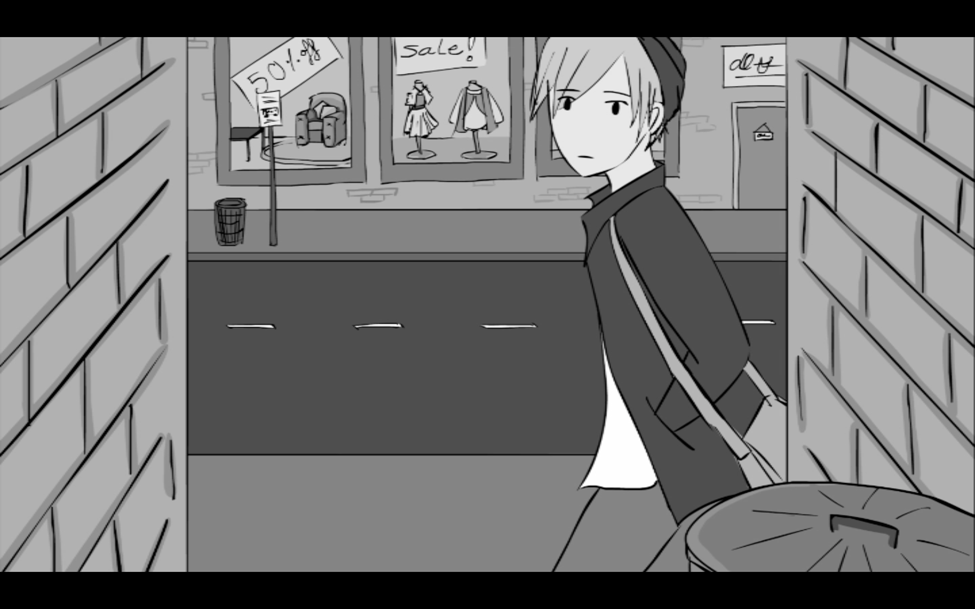 Animation still: character walking past laneway