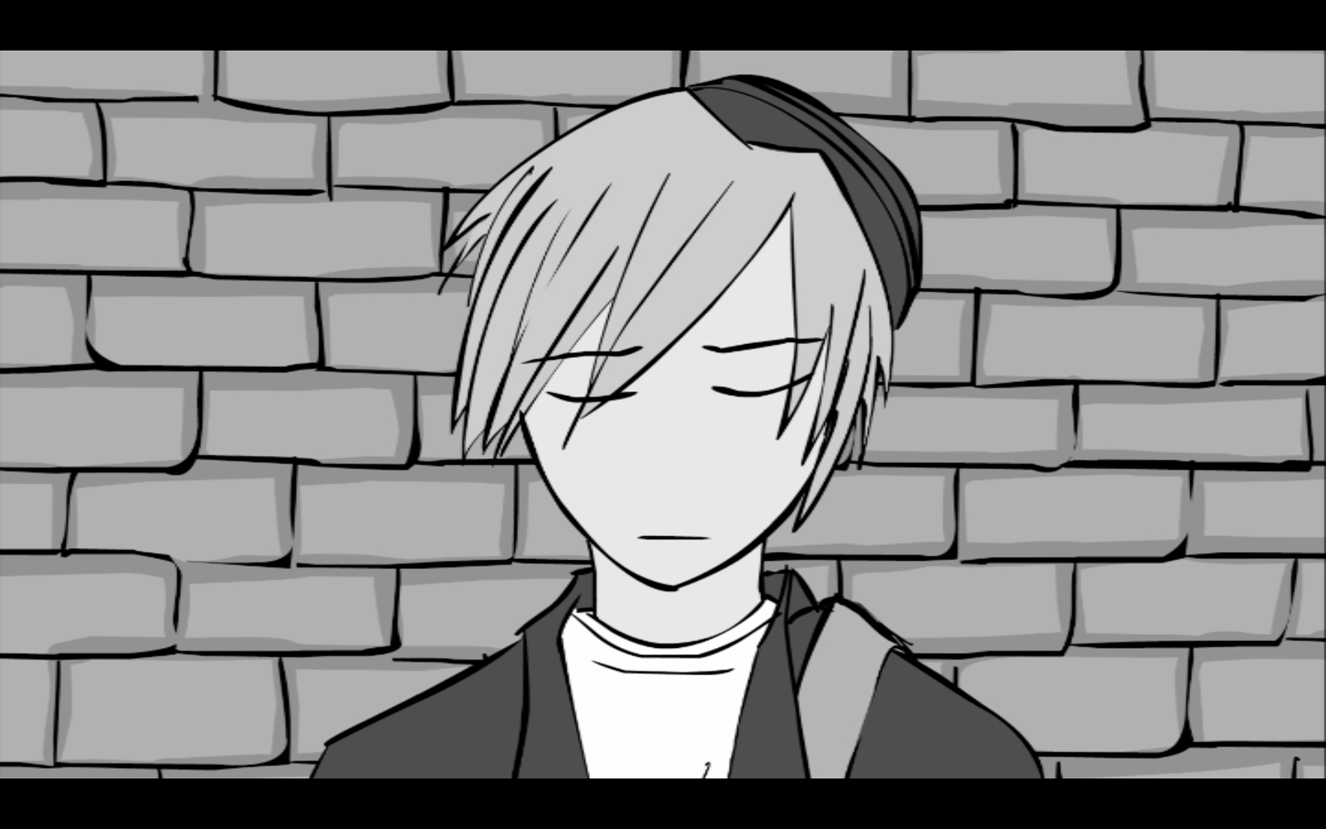 Animation still: character headshot against wall