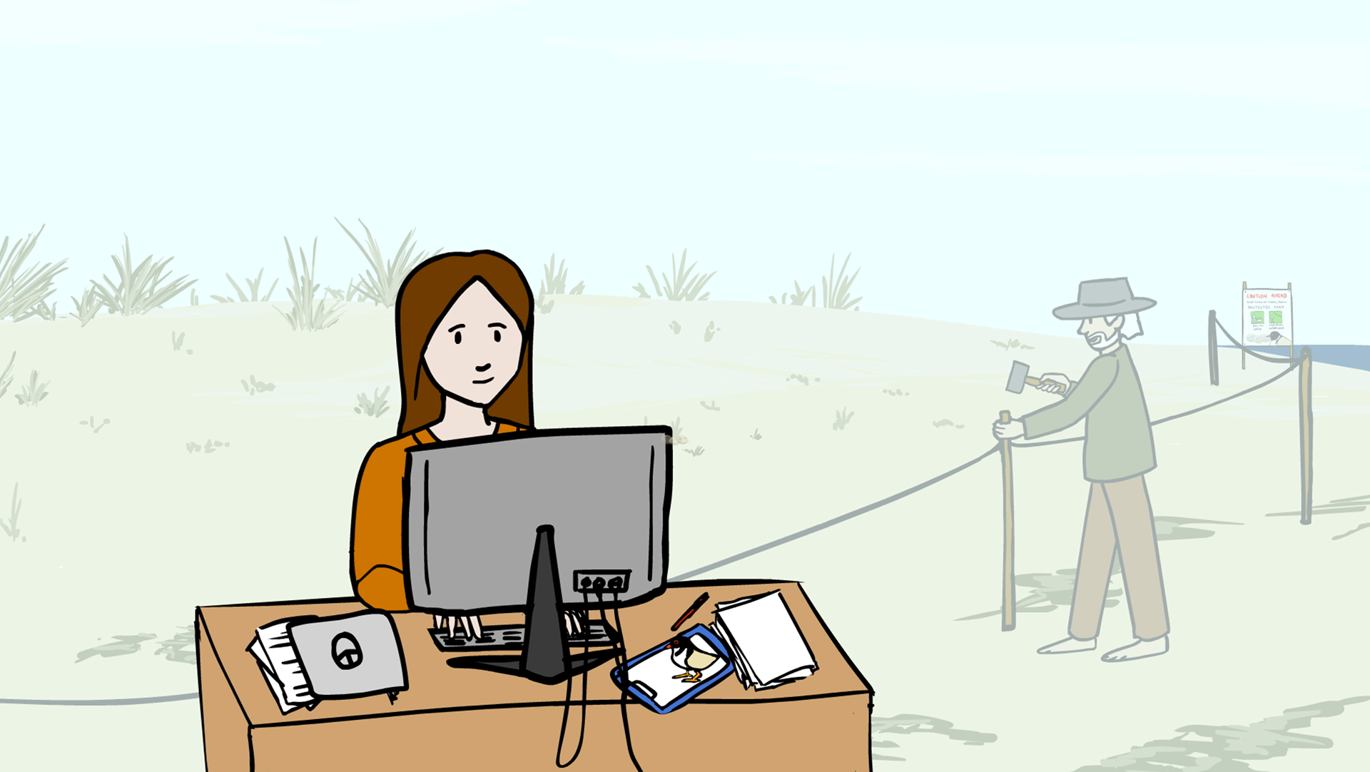 Animation still: office to beach transition
