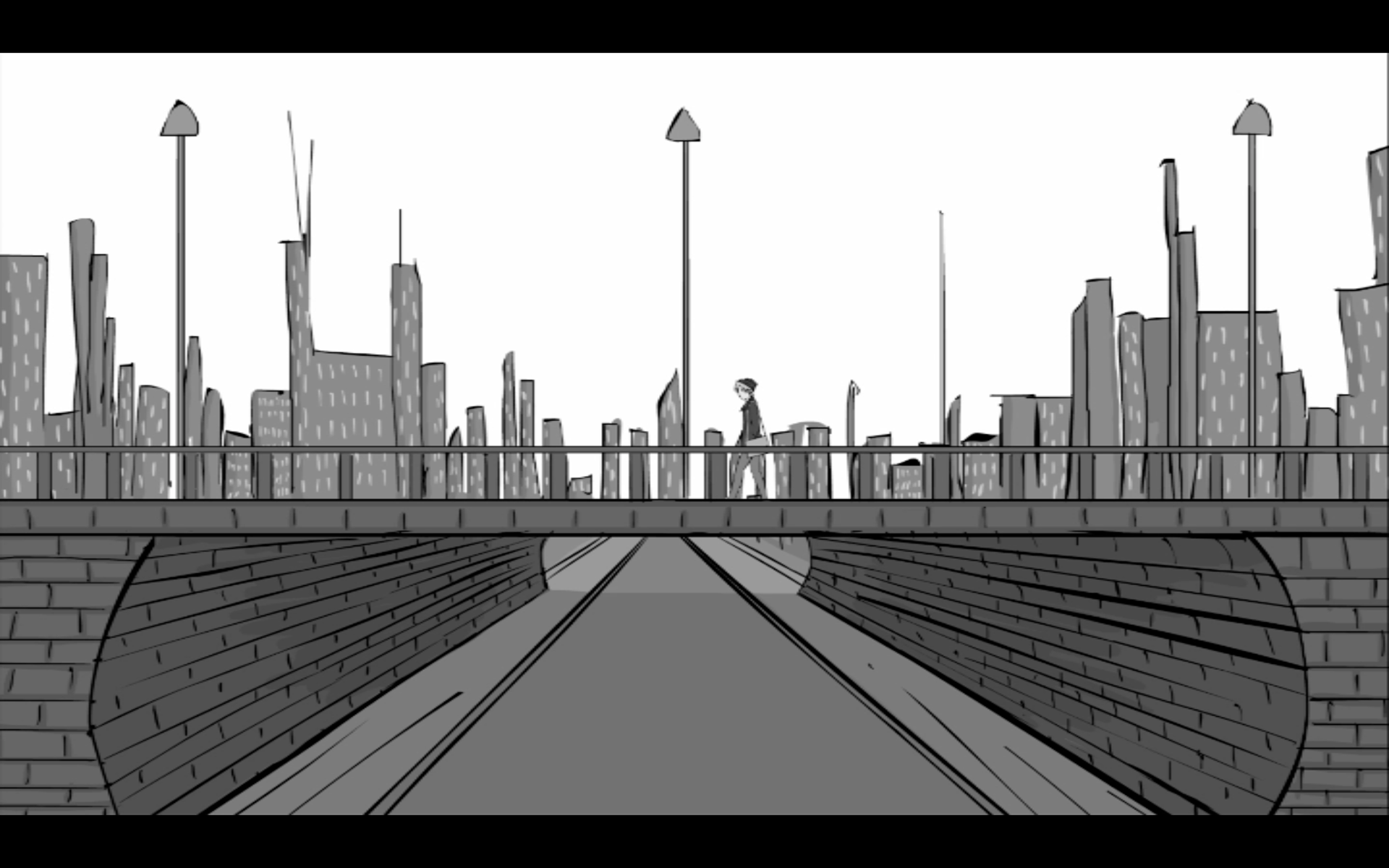 Animation still: character with cityscape backdrop