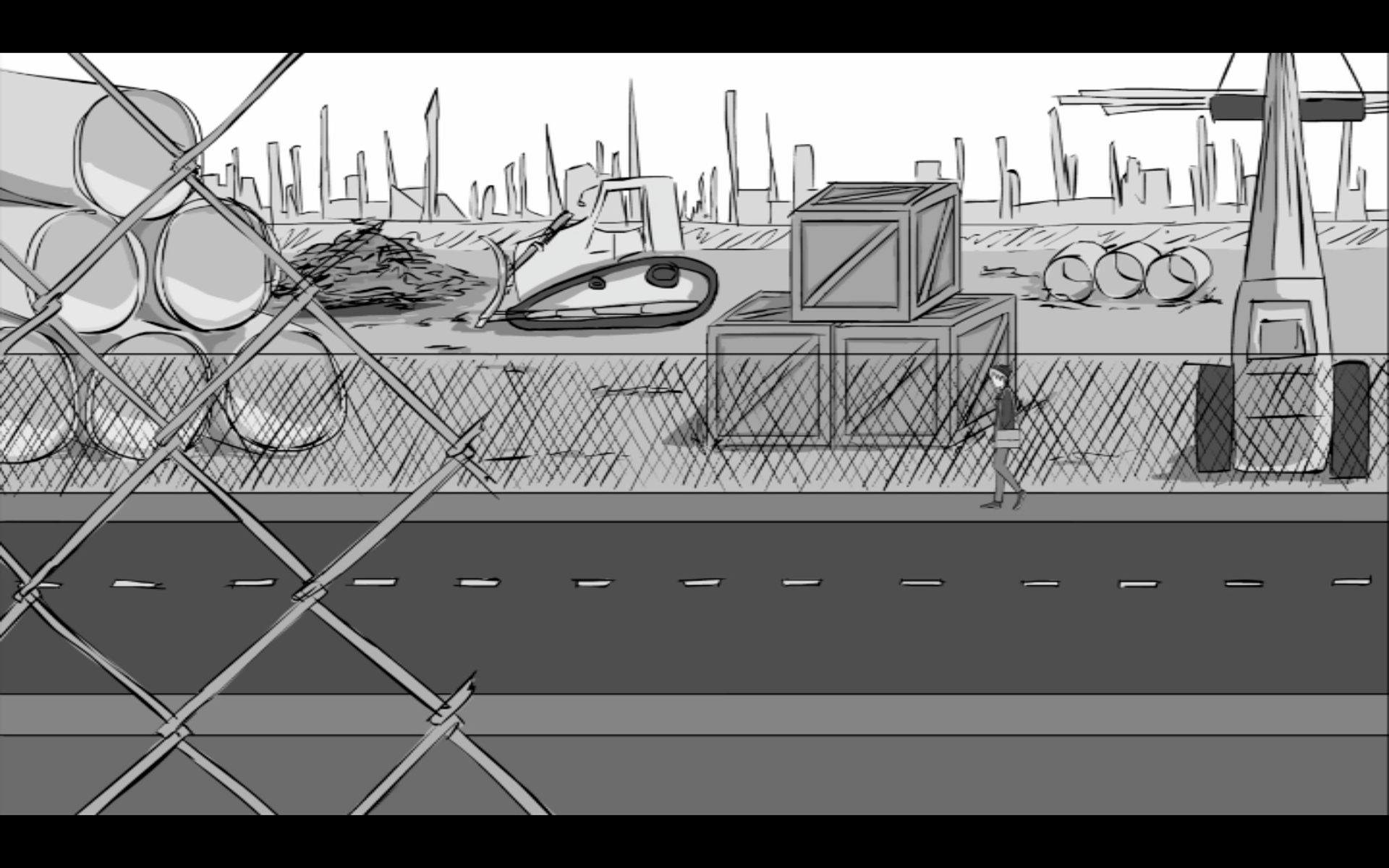 Animation still: character with building site backdrop