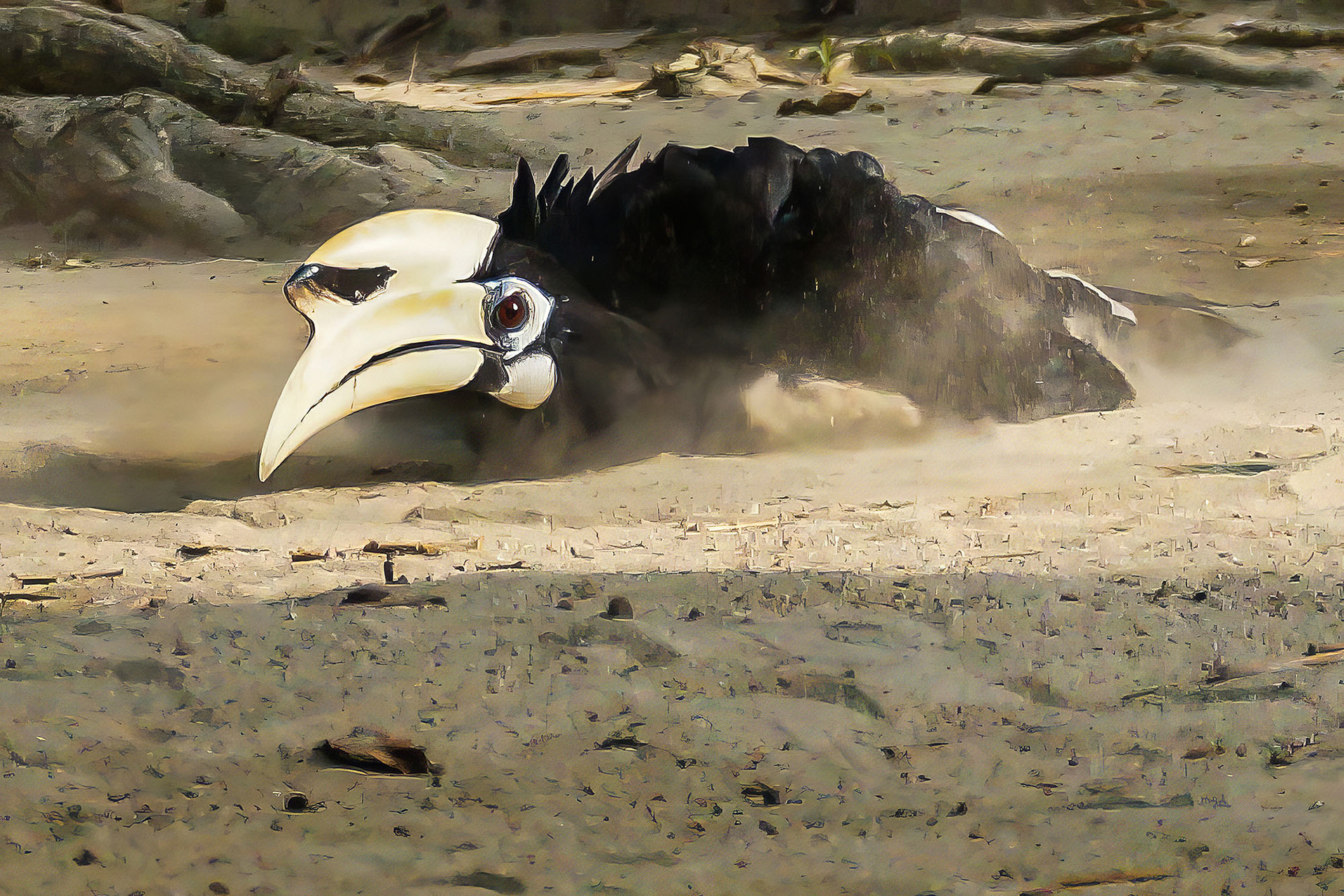 "Nördlicher" Orienthornvogel beim Staubbad