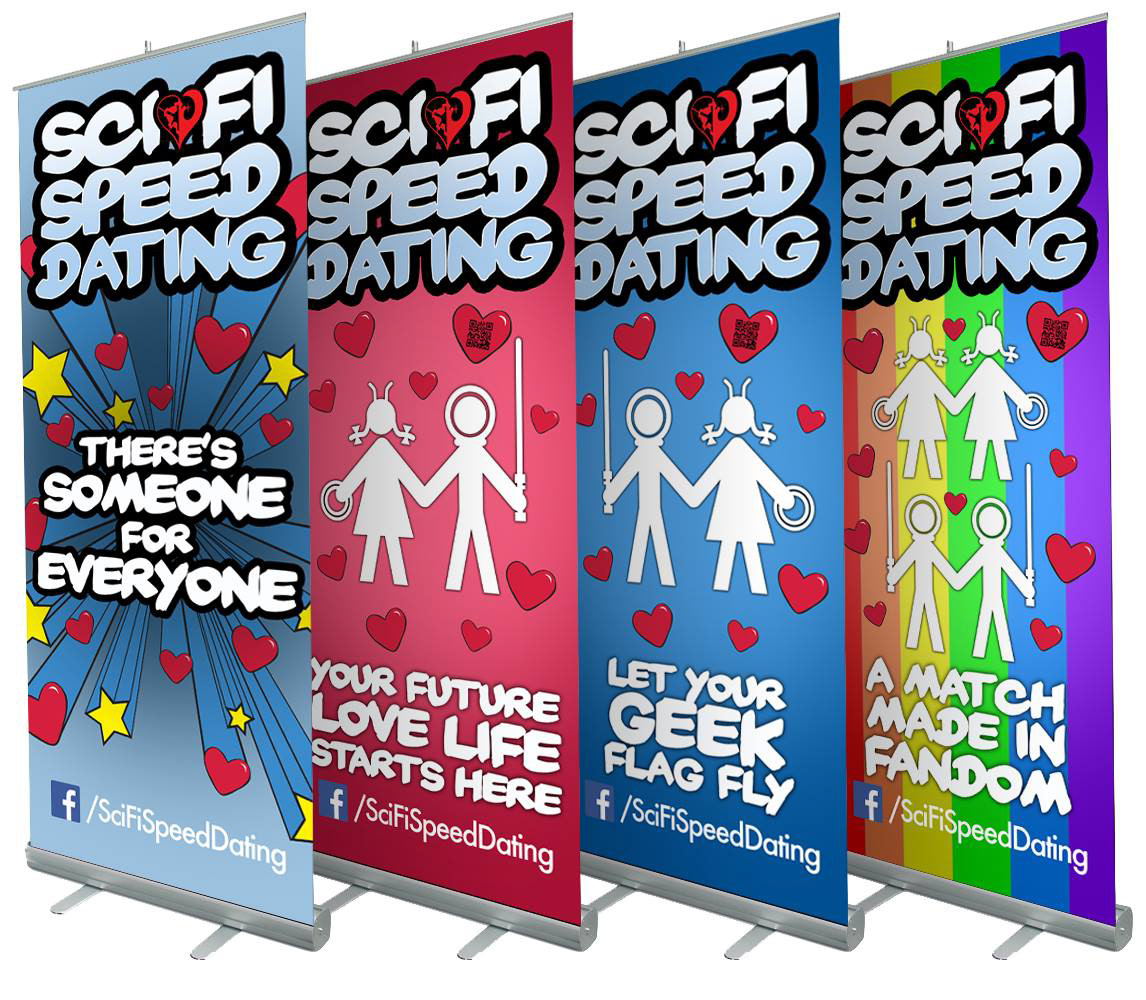 Standees for convention-based speed dating service.