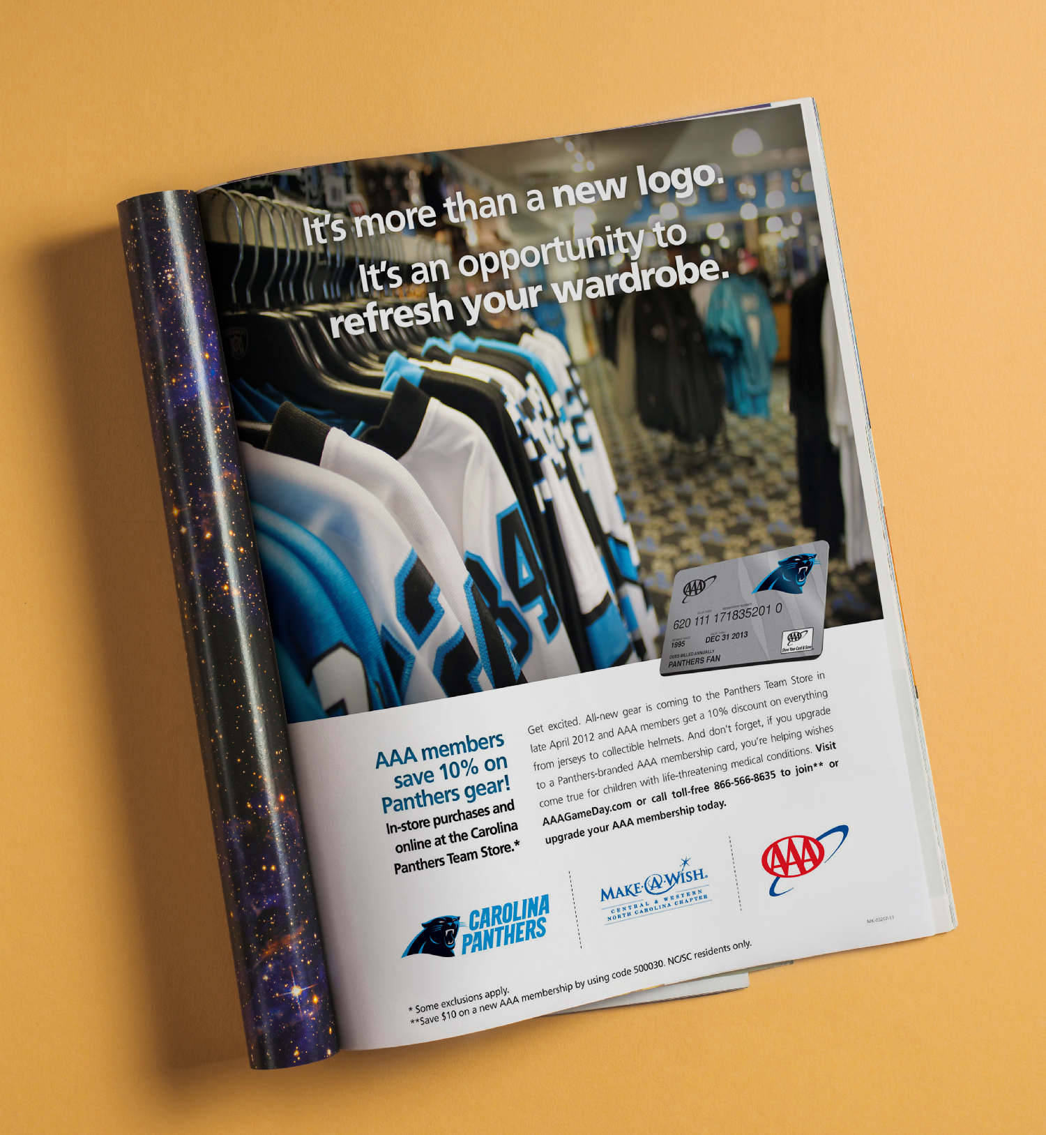 Print ad for discounts at Carolina Panthers store.