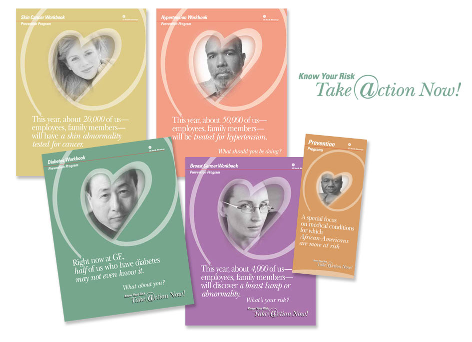 General Electric Healthcare Know Your Risk Campaign – Custom direct mail workbook series designed to educate GE employees about preventive healthcare and available health plan benefits, created by John Milano - A Designer's Touch.