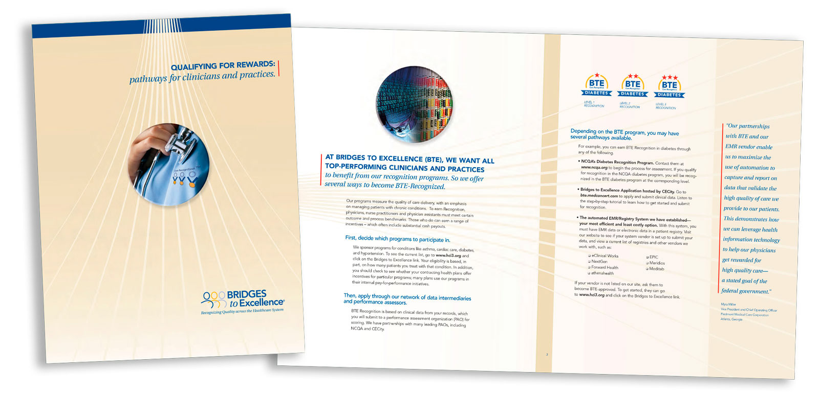 Bridges to Excellence Pathways Brochure – Custom healthcare brochure design highlighting recognition programs for high-performing clinicians and medical practices, created by John Milano - A Designer's Touch.