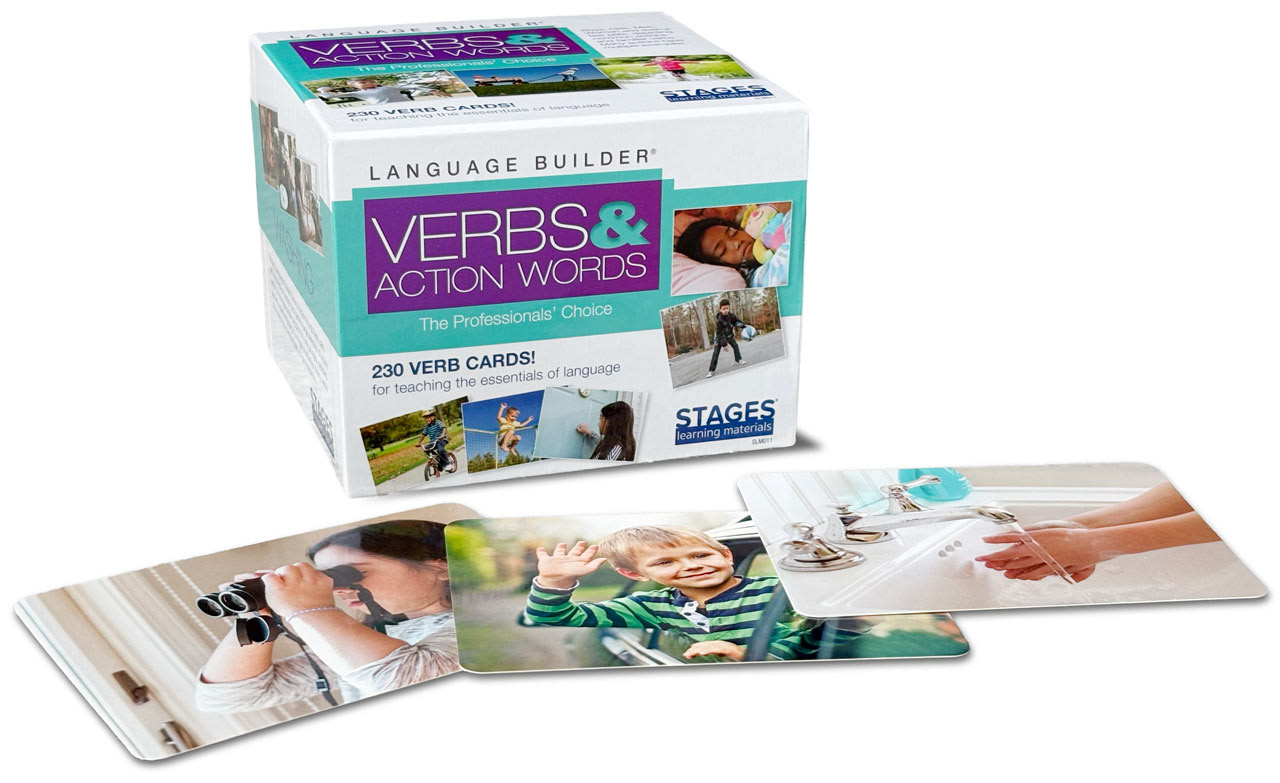 STAGES® Language Builder Verbs & Action Words – Educational packaging design for a set of verb cards that teach essential language skills, designed by John Milano - A Designer's Touch.