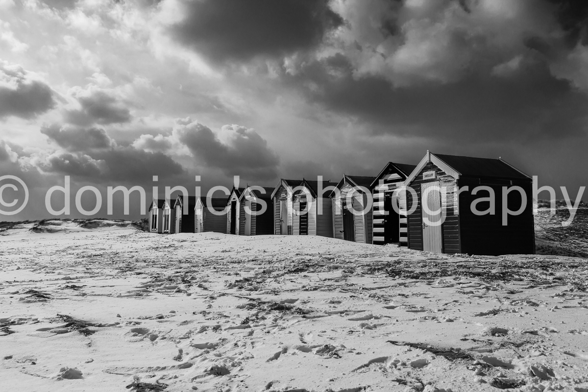beach huts snow bw