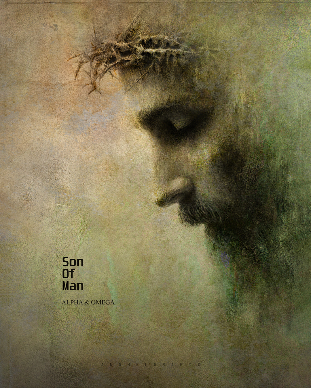 A poster of Christ's face with crown of thorns in sideview. On the other side is a text written "Son Of Man" and below it "ALPHA & OMEGA". The poster has a texture of old and aged paper like that of the renaissance period.