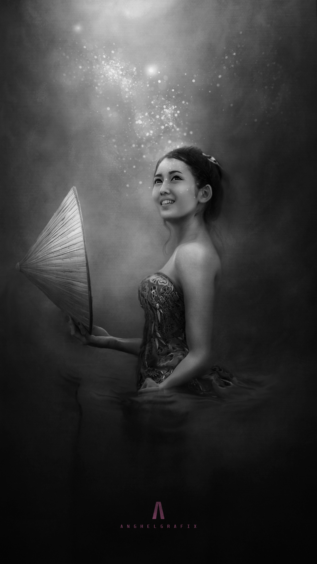 A monochrome female portrait of a lady walking on a swamp submerged from the thigh down. A soft, artistic and dramatic lighting was added to make the portrait a timeless masterpiece with a painterly look.