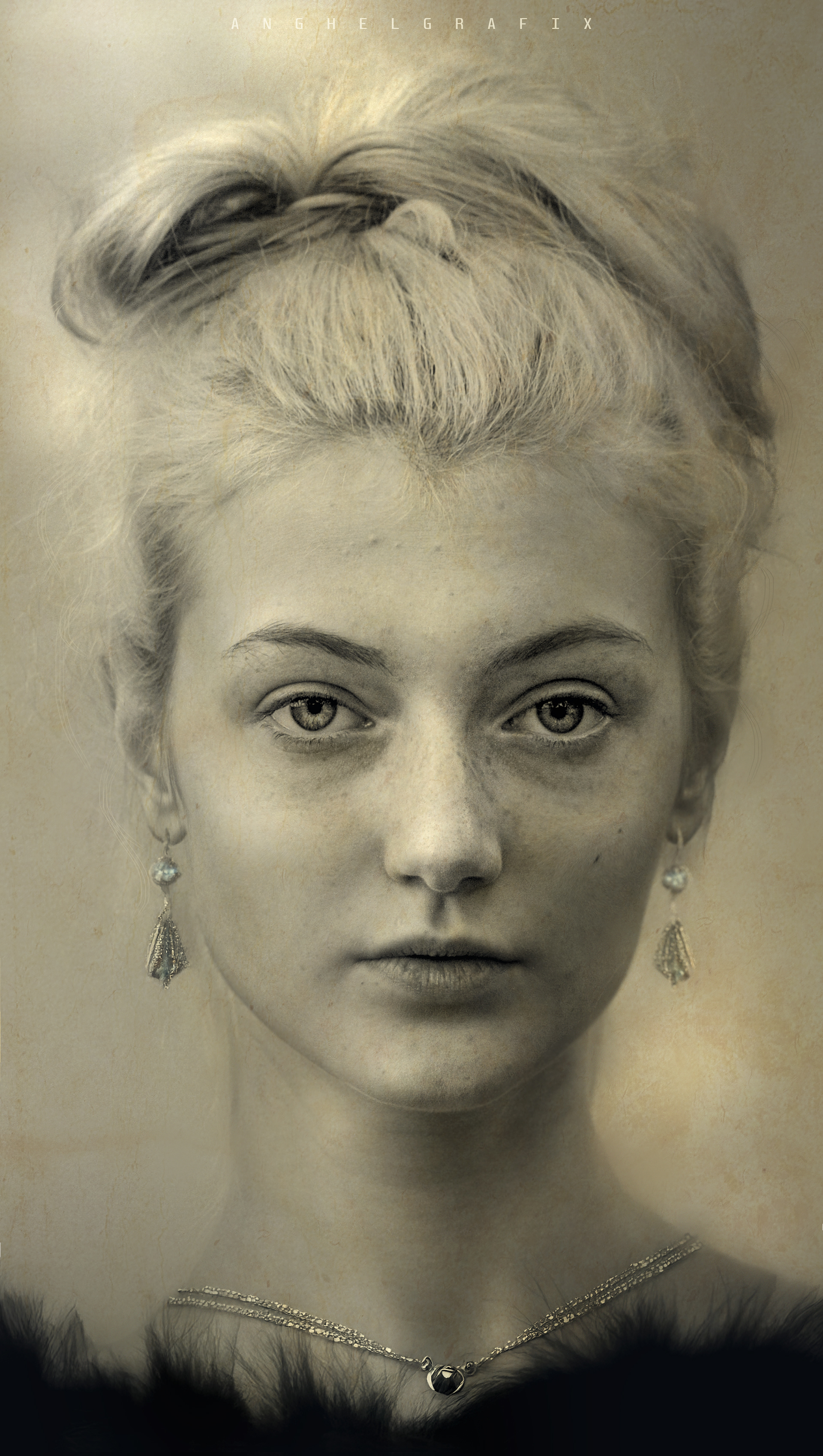 A black and white female portrait of an elegant young lady. The photo has a soft, artistic and painterly look. It has a soft lighting which leads to the model's eyes as the center of attraction by having the most contrast in the whole image.