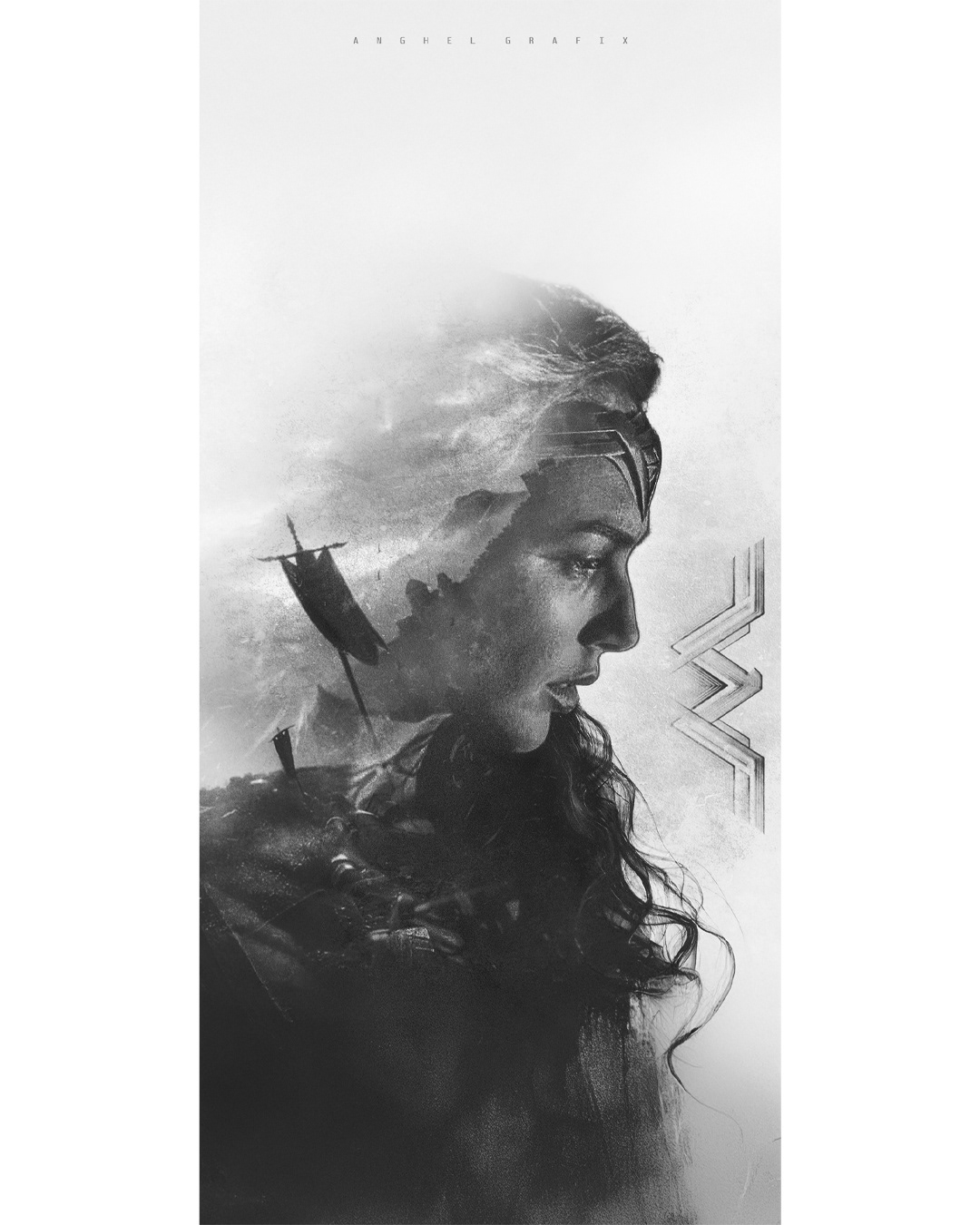 "Wonder Woman Double Exposure Poster - A Stunning Photoshop Artwork | A creative double exposure poster design in black and white featuring Wonder Woman, expertly crafted in Photoshop. Perfect for graphic design inspiration and digital art enthusiasts."