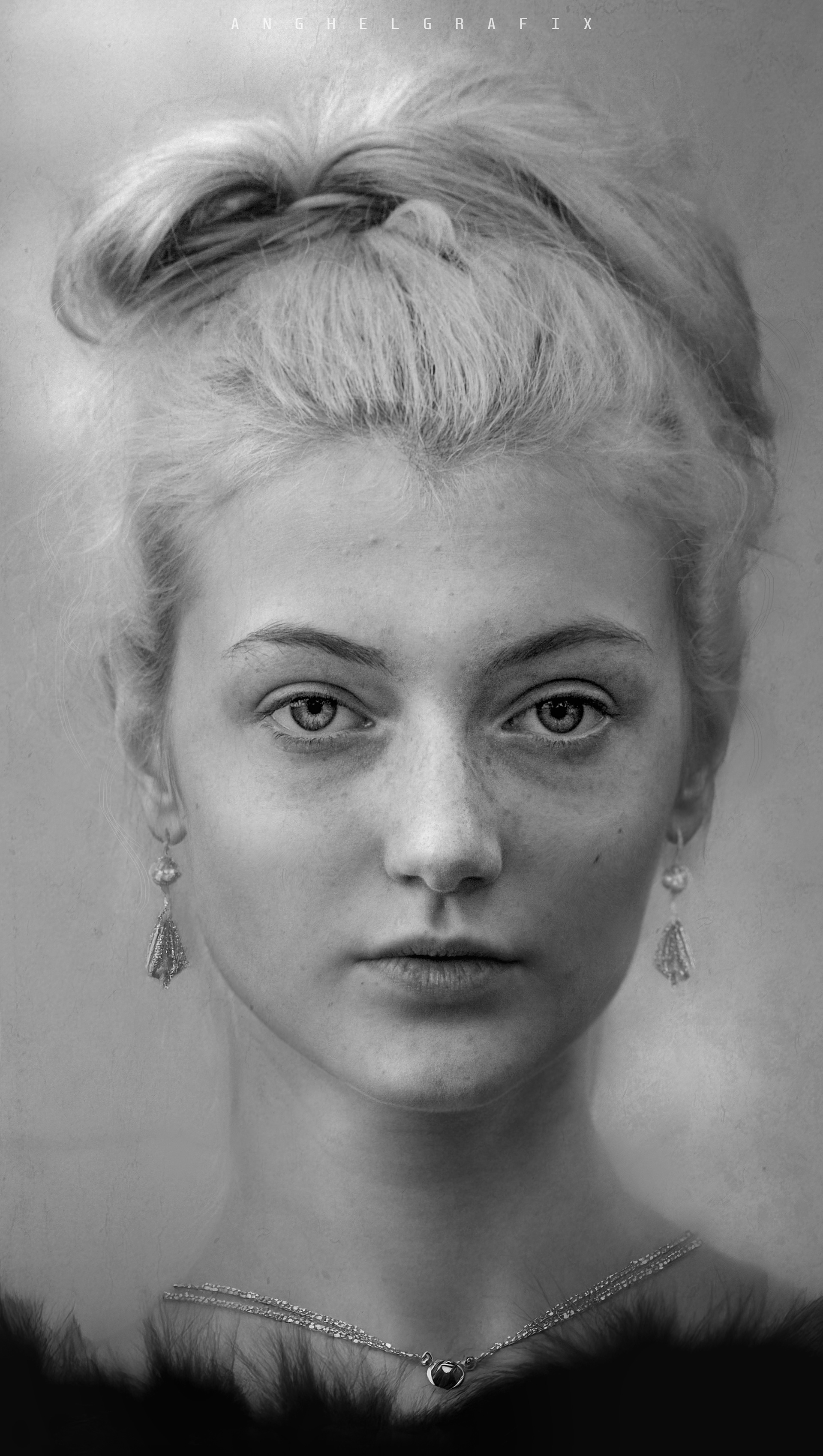 A black and white female portrait of an elegant young lady. The photo has a soft, artistic and painterly look. It has a soft lighting which leads to the model's eyes as the center of attraction by having the most contrast in the whole image.