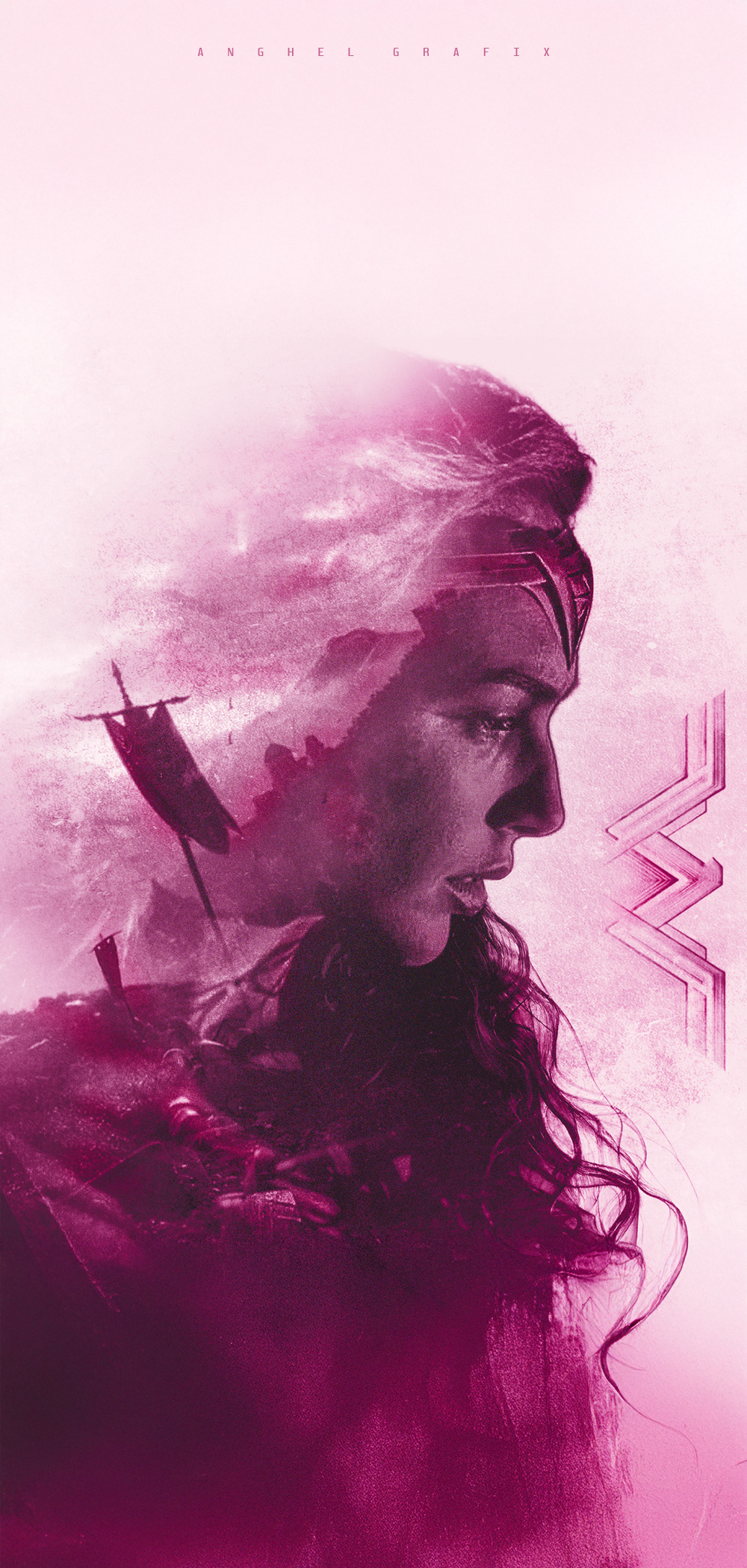 "Wonder Woman Double Exposure Poster - A Stunning Photoshop Artwork | A creative double exposure poster design featuring Wonder Woman, expertly crafted in Photoshop. Perfect for graphic design inspiration and digital art enthusiasts."