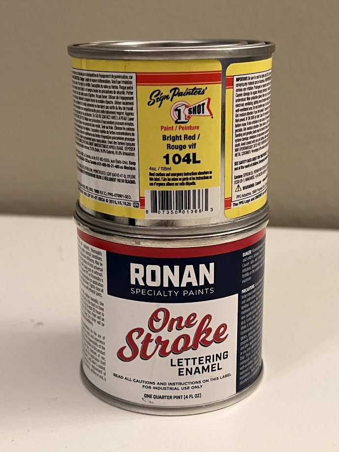 Sign Painter's Once Shot Bright Red Enamel Paint (Top) Ronan One Stroke Lettering Enamel (Bottom)
