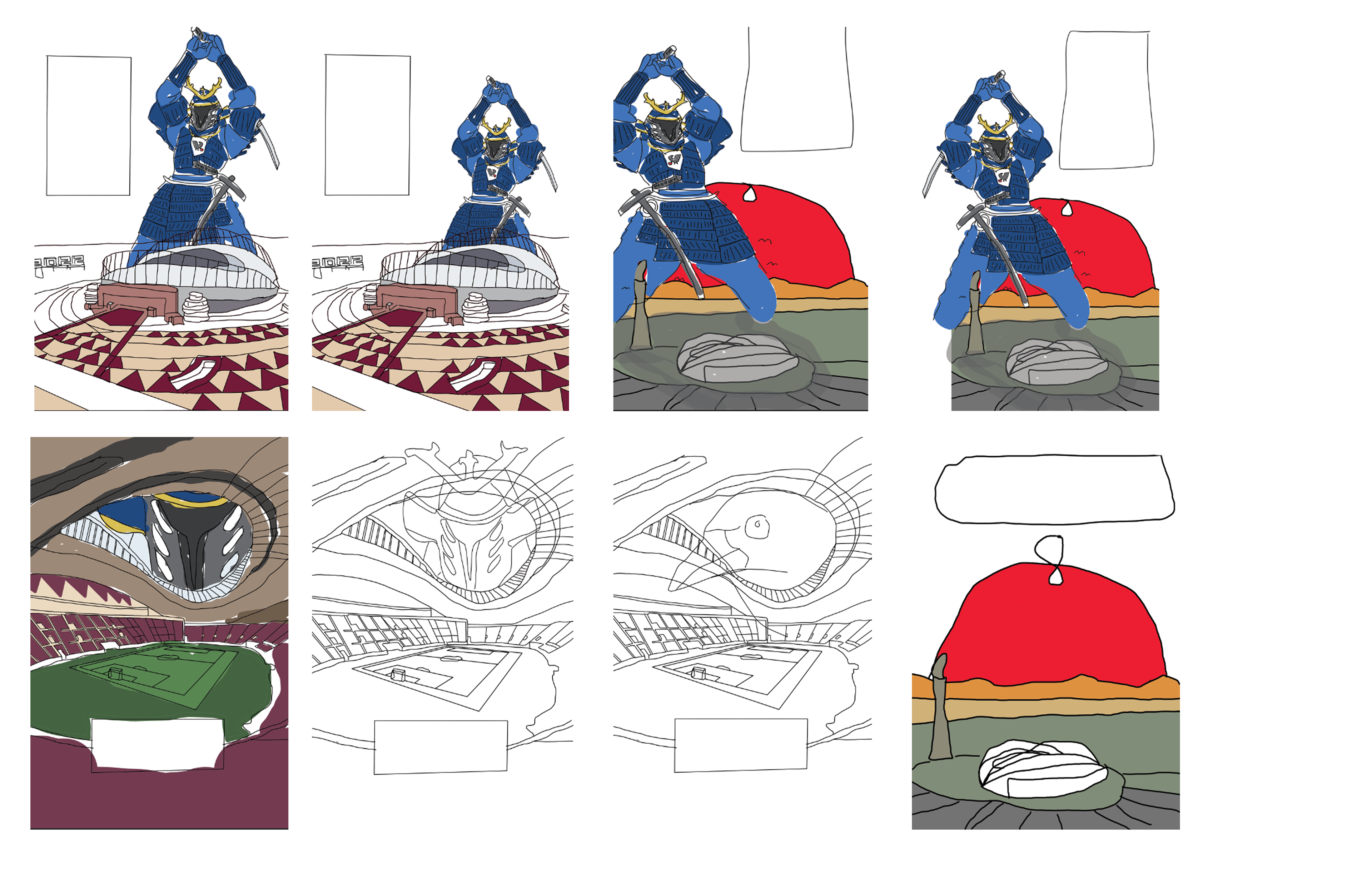 Combining elements from both countries in a  series of preliminary drawings