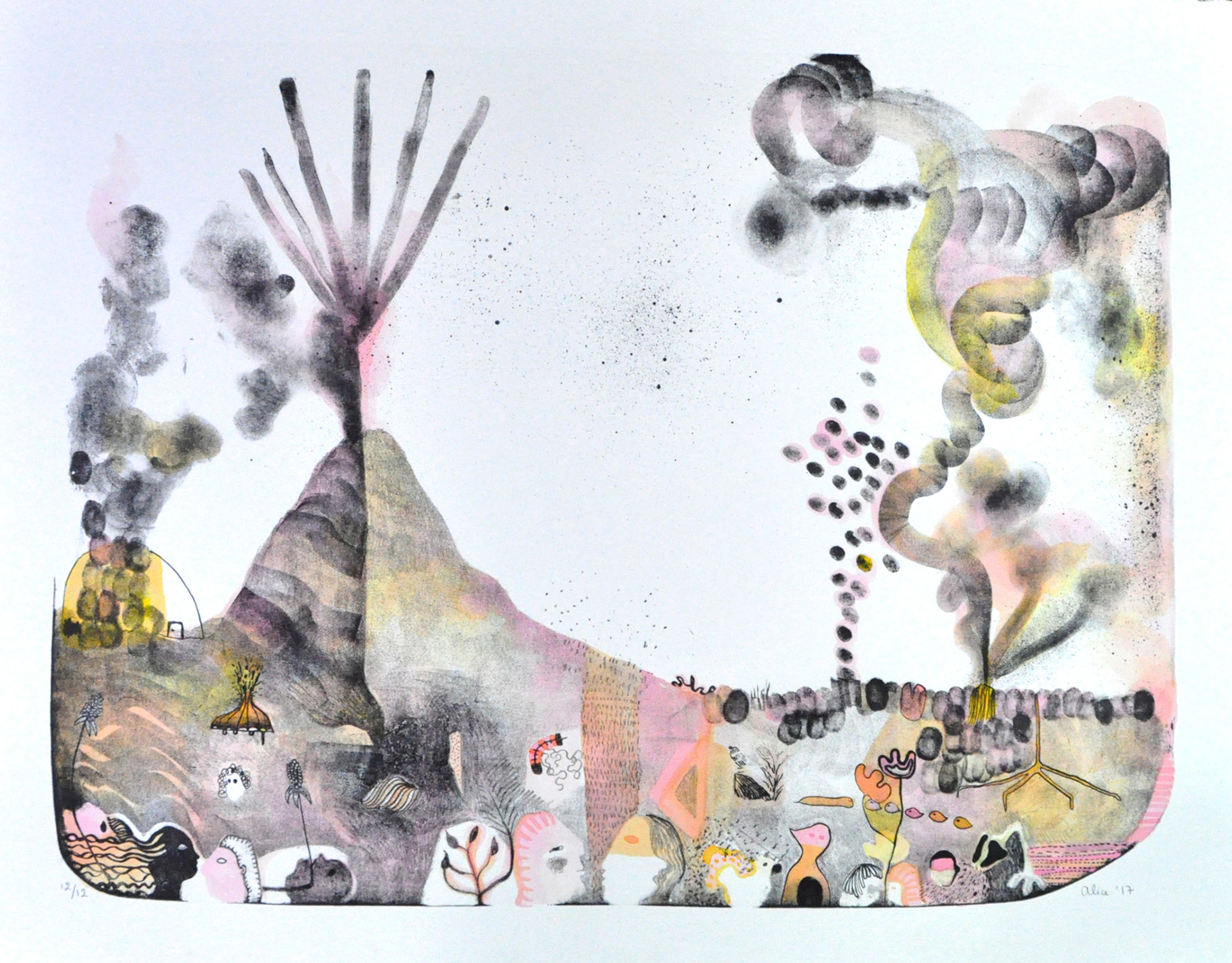 Sens-dessus dessous (2017) - Lithographie sur pierre et rehauts à l'aquarelle et crayon - 50 x 65 cm