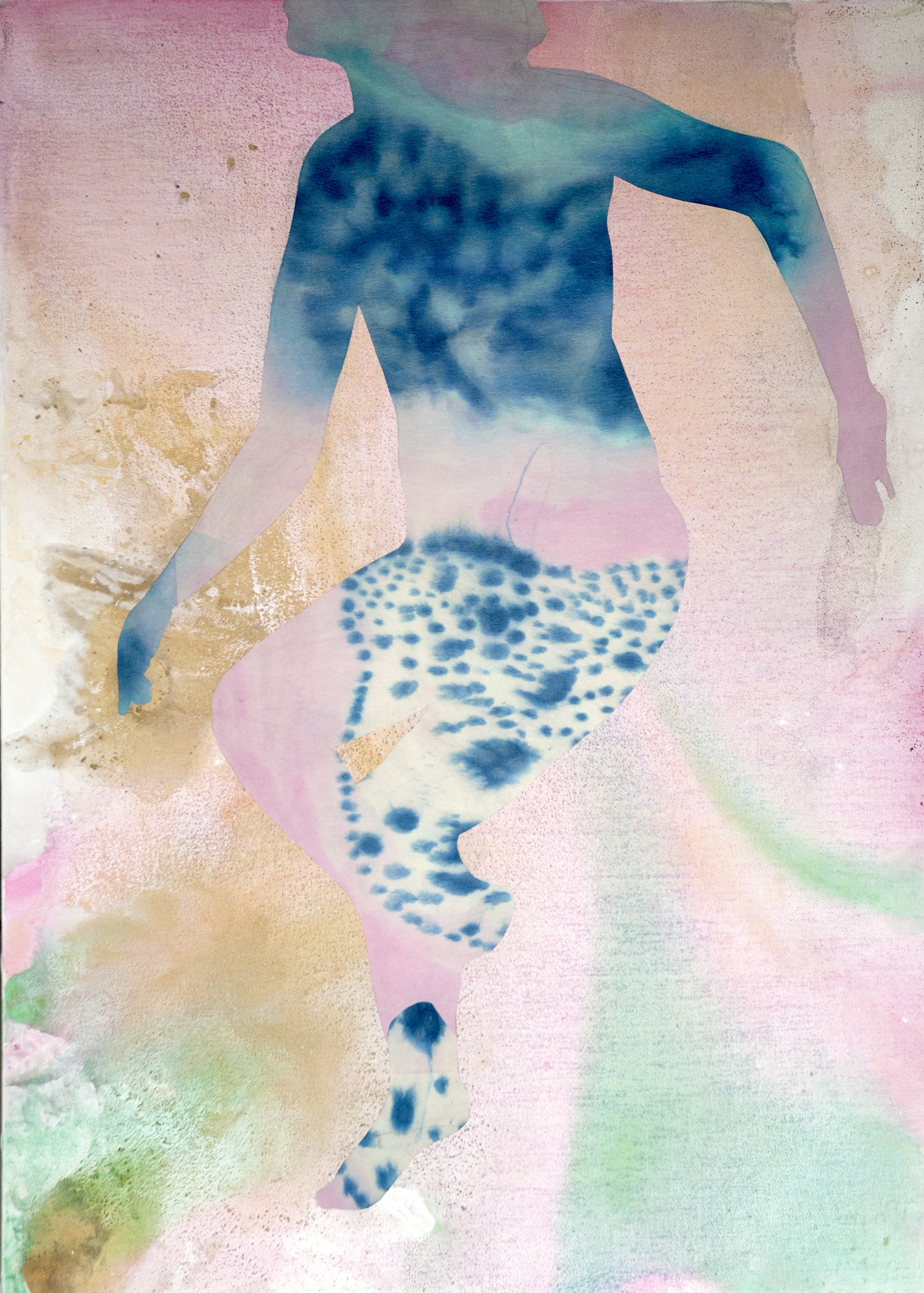 La tête hors de l'eau III (2019), ink and acrylic on canvas, collage, 110 x 80 cm