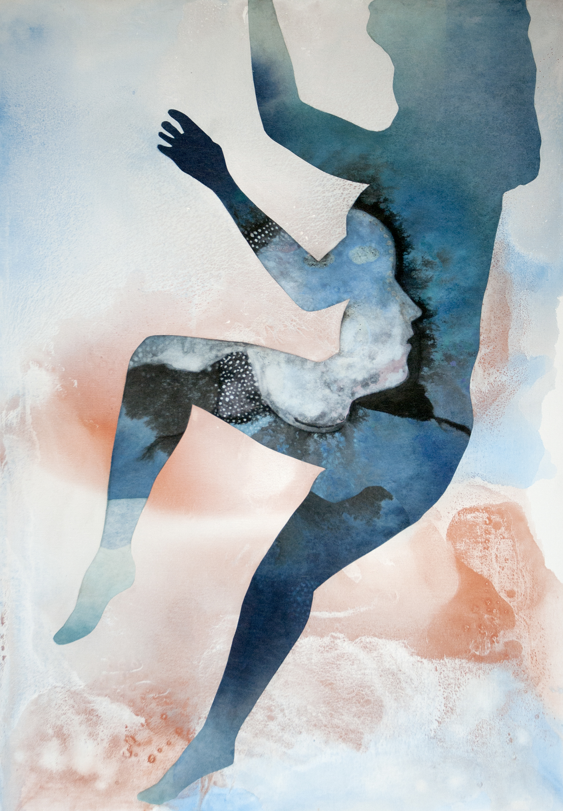 La tête hors de l'eau I (2019), ink and acrylic on canvas, collage, 110 x 80 cm