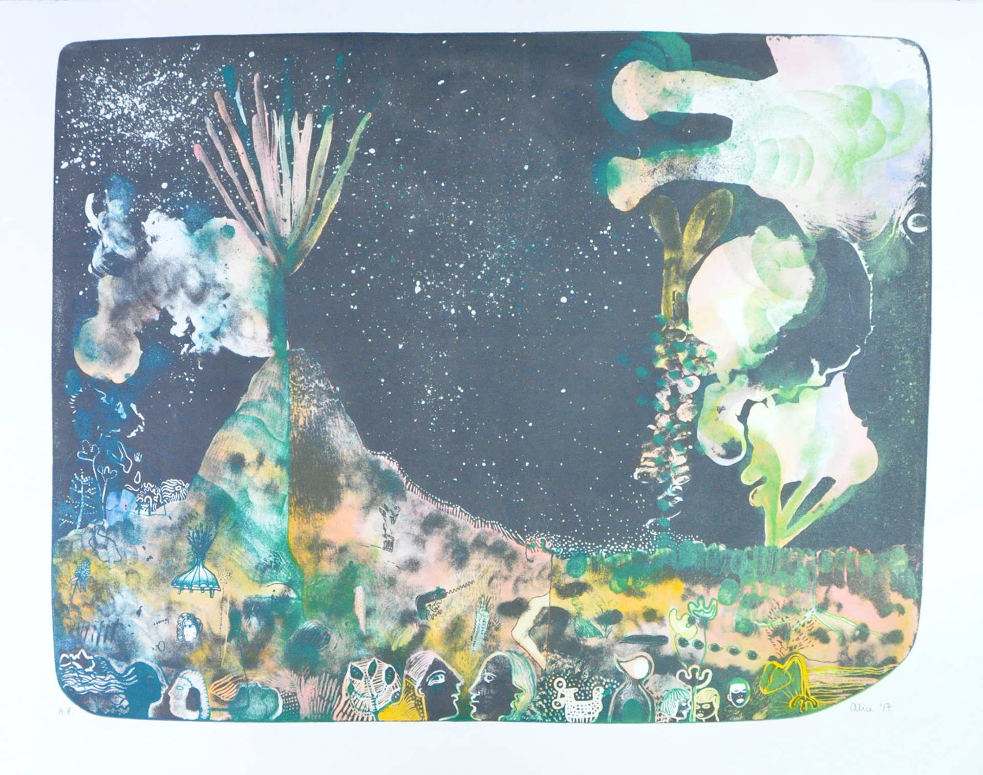 Sens-dessus dessous (2017) - Lithographie sur pierre et rehauts à l'aquarelle et crayon - 50 x 65 cm