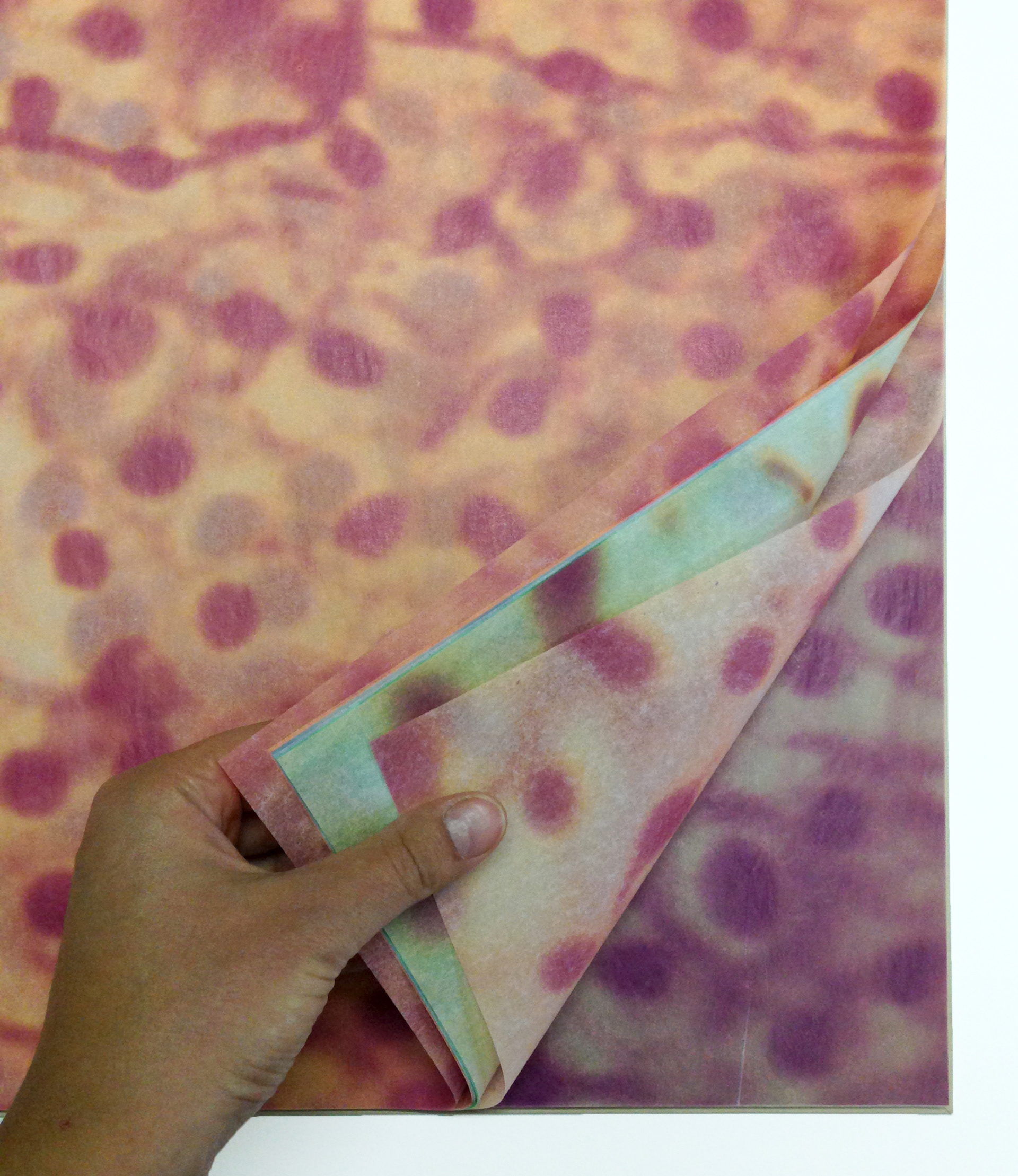 Behind All Your Borders (2014), lithograph printed on tissue paper in duo-tone / cover : fabric mounted on board / unique, 80 x 60 cm / there are about 300 prints in the book