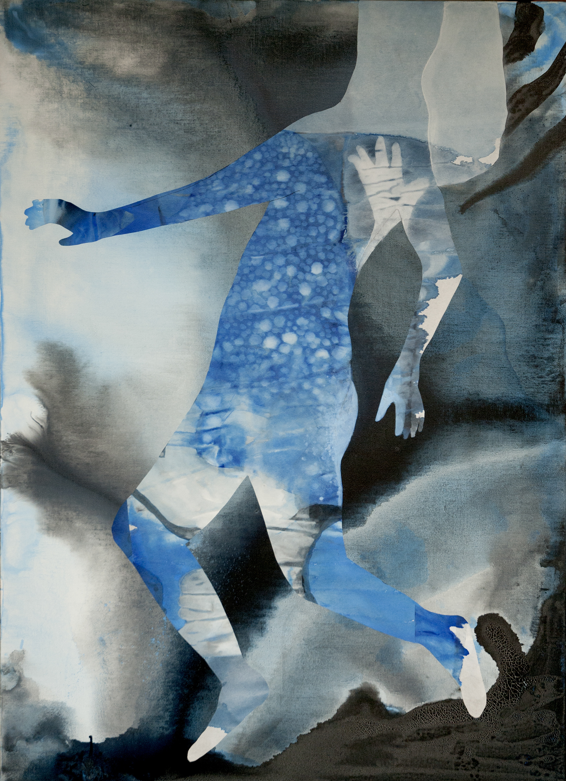 La tête hors de l'eau II (2019), ink and acrylic on canvas, collage, 110 x 80 cm