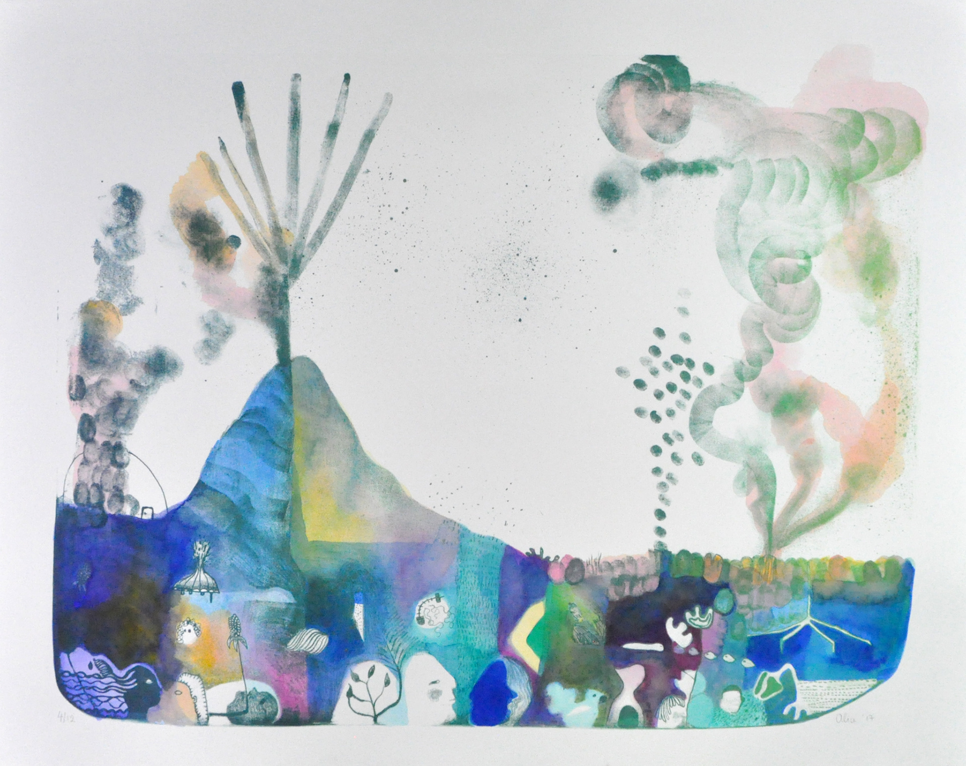 Sens-dessus dessous (2017) - Lithographie sur pierre et rehauts à l'aquarelle et crayon - 50 x 65 cm