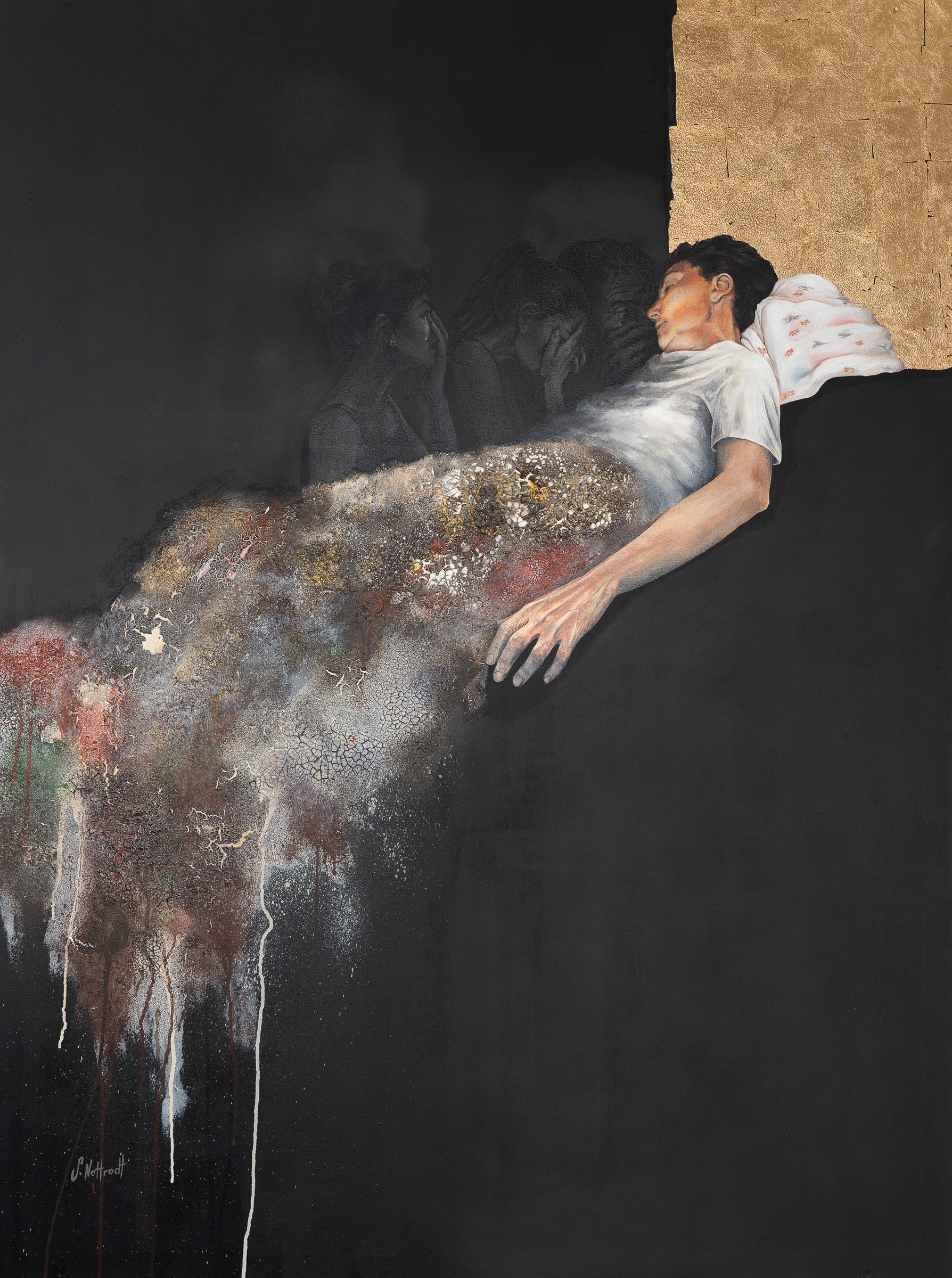 Das Sterben meiner Mum am 16.07.2021, Acryl und Blattgold auf Leinwand, 120x160cm, 2022