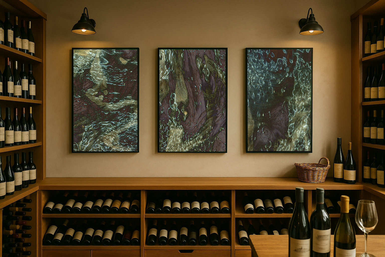 Vinomorph Serie in rustikaler Weinhandlung: dreiteilige Wandkunst auf Furnierbasis mit organischen Strukturen – stimmungsvolle Kunst für Vinotheken und Weinkeller
