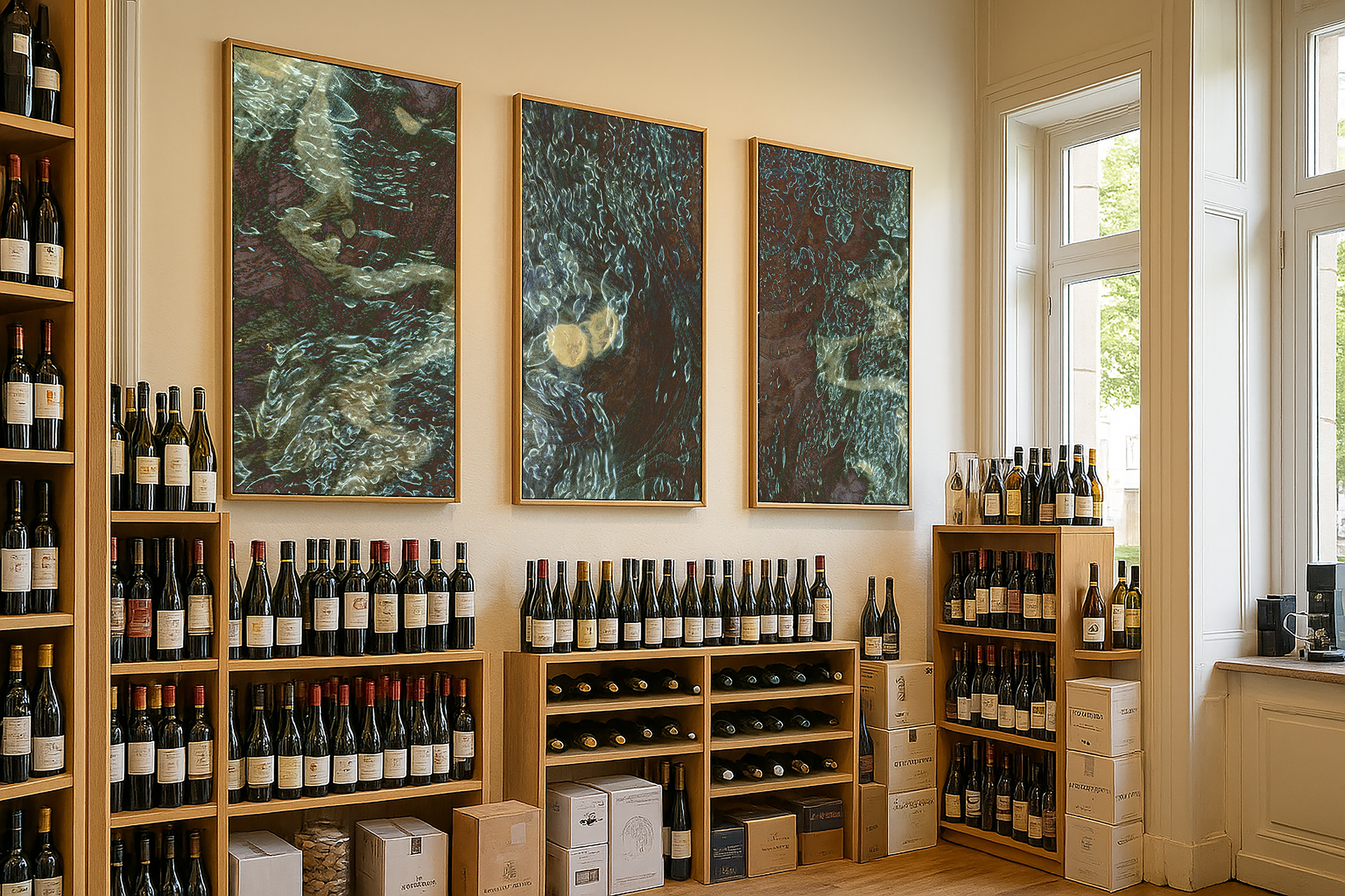 Kunstinstallation Vinomorph mit dreiteiligem Wandbild in heller Vinothek mit Holzeinrichtung und Weinregalen – abstrakte Furnierkunst mit Tiefenwirkung für Innenraumgestaltung