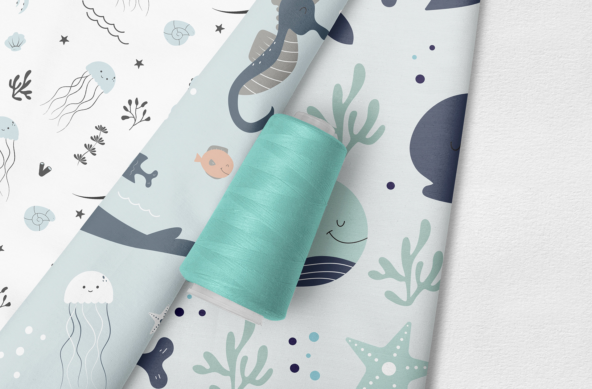 Cute sea animal seamless pattern on fabric mockup
