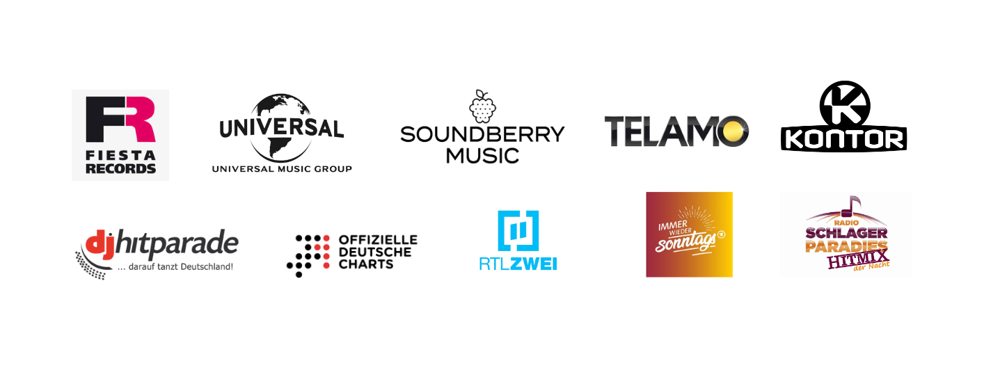 Fiesta Records, Universal Music, Soundberry Music, Telamo, Kontor, DJ Hitparade, Offizielle Deutsche Charts, RTL zwei, Immer wieder Sonntags, Radio Schlager Paradies