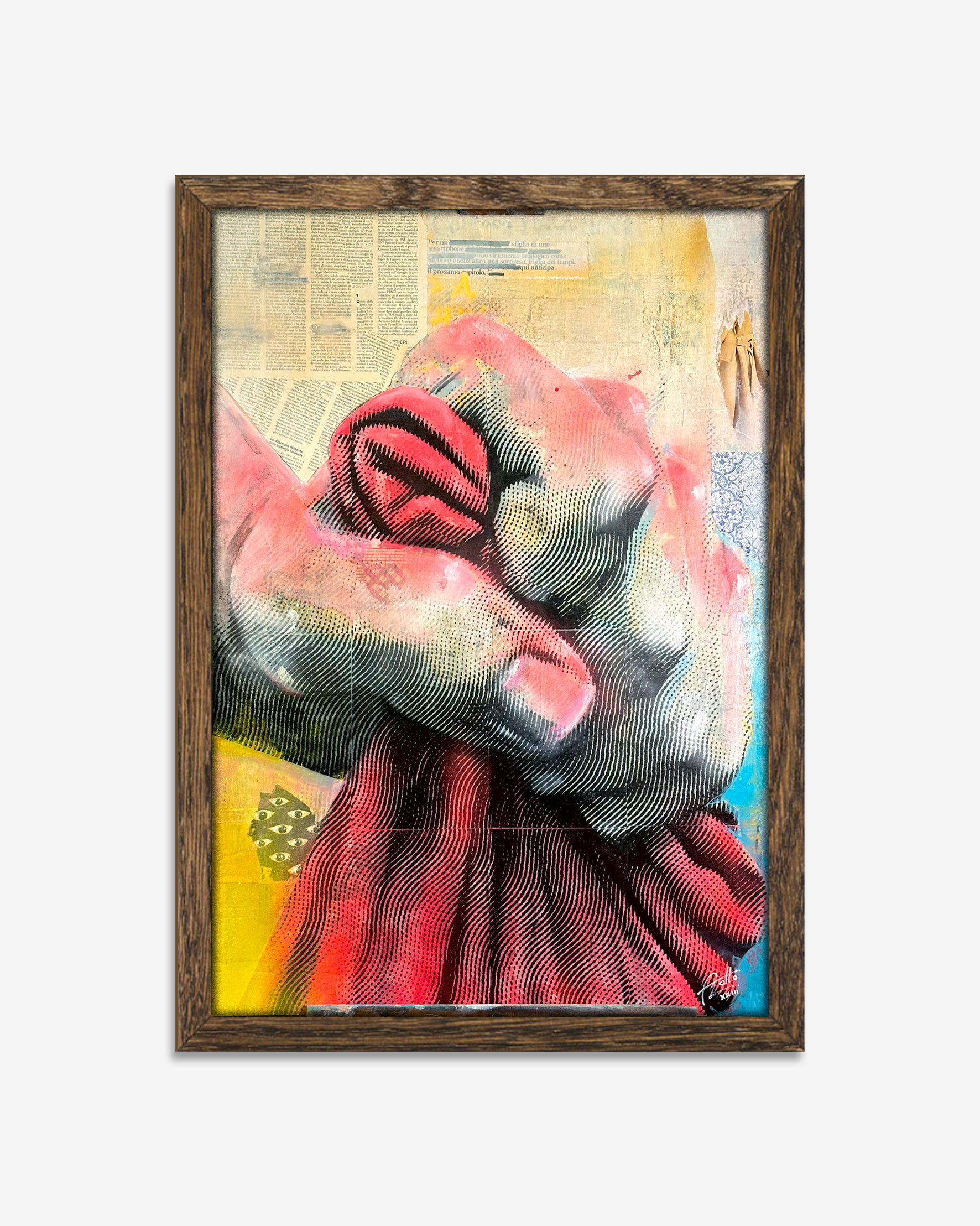 Un dipinto di AL8 colorato raffigurante una mano che tiene un pezzo di stoffa rossa.