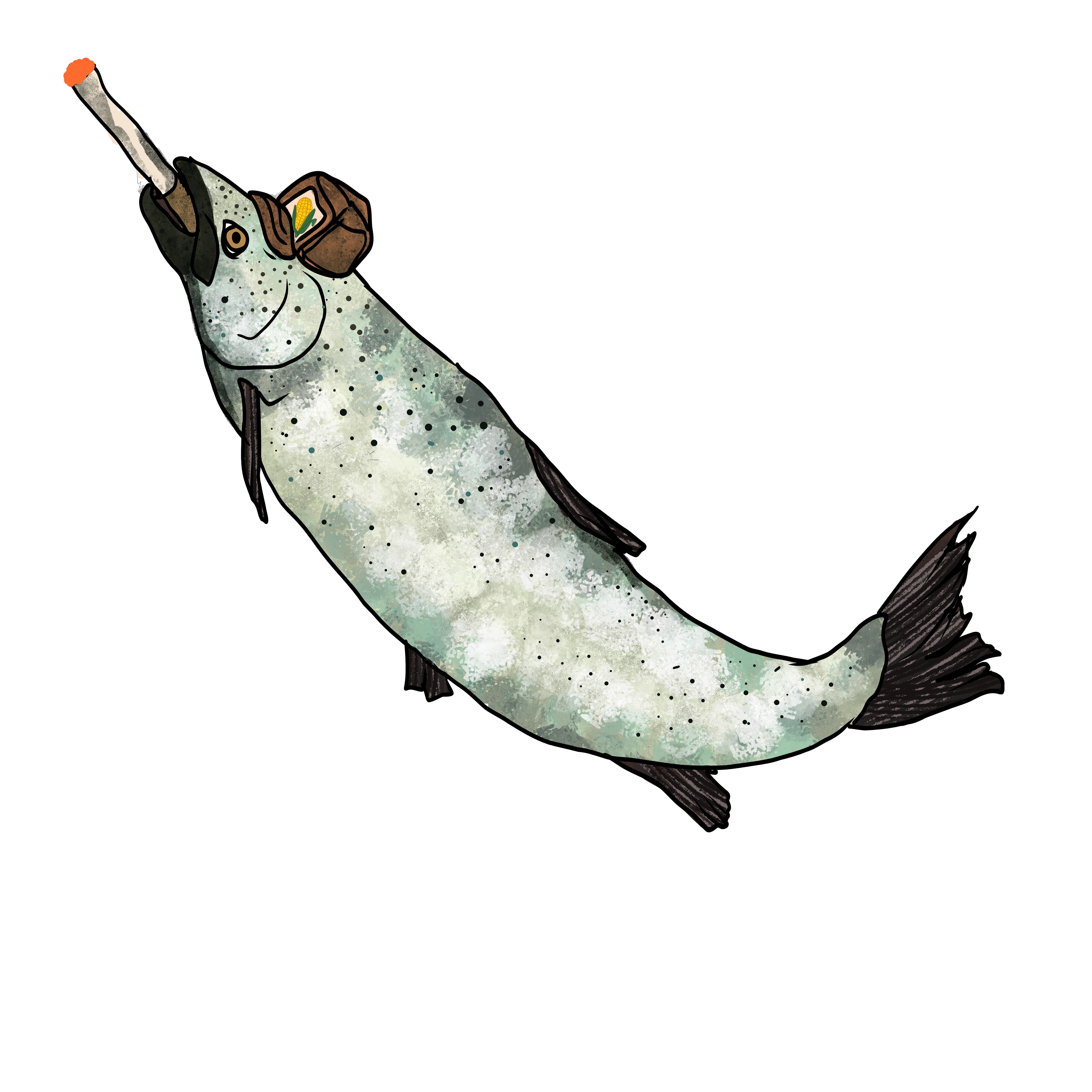 Vector Drawing of a Salmon Smoking a Menthol Cigarette in a Trucker Hat with Corn