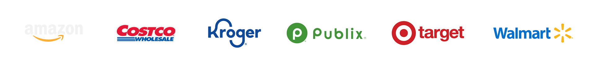 List of retail logos including Amazon, Costco, Kroger, Publix, Target, and Walmart