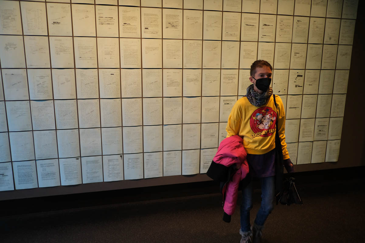 Stasi files made of photographer Harald Hauswald hung during his exhibition. Berlin, February 2022