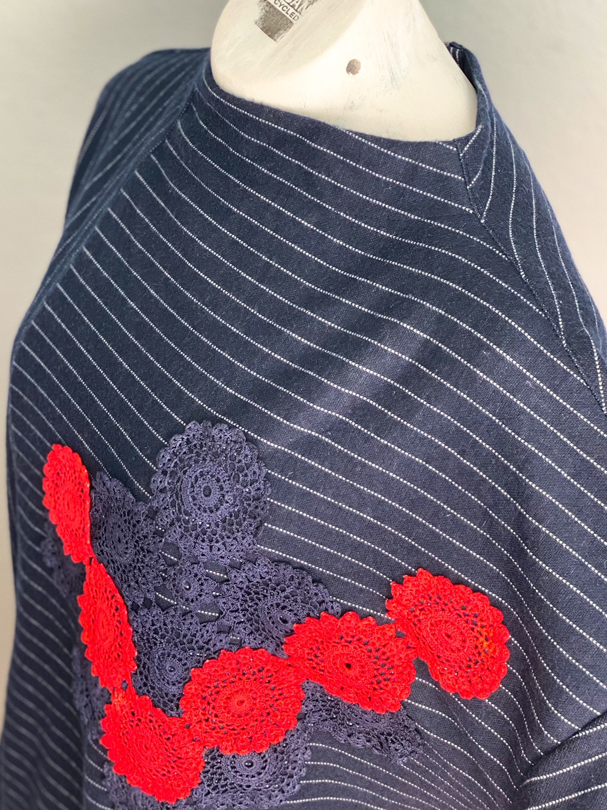 Urban Upcycled Kind Hearted Sustainable Fashion and Lifestyle | Navy Pinstriped Top with Hand Dyed Vintage Doilies