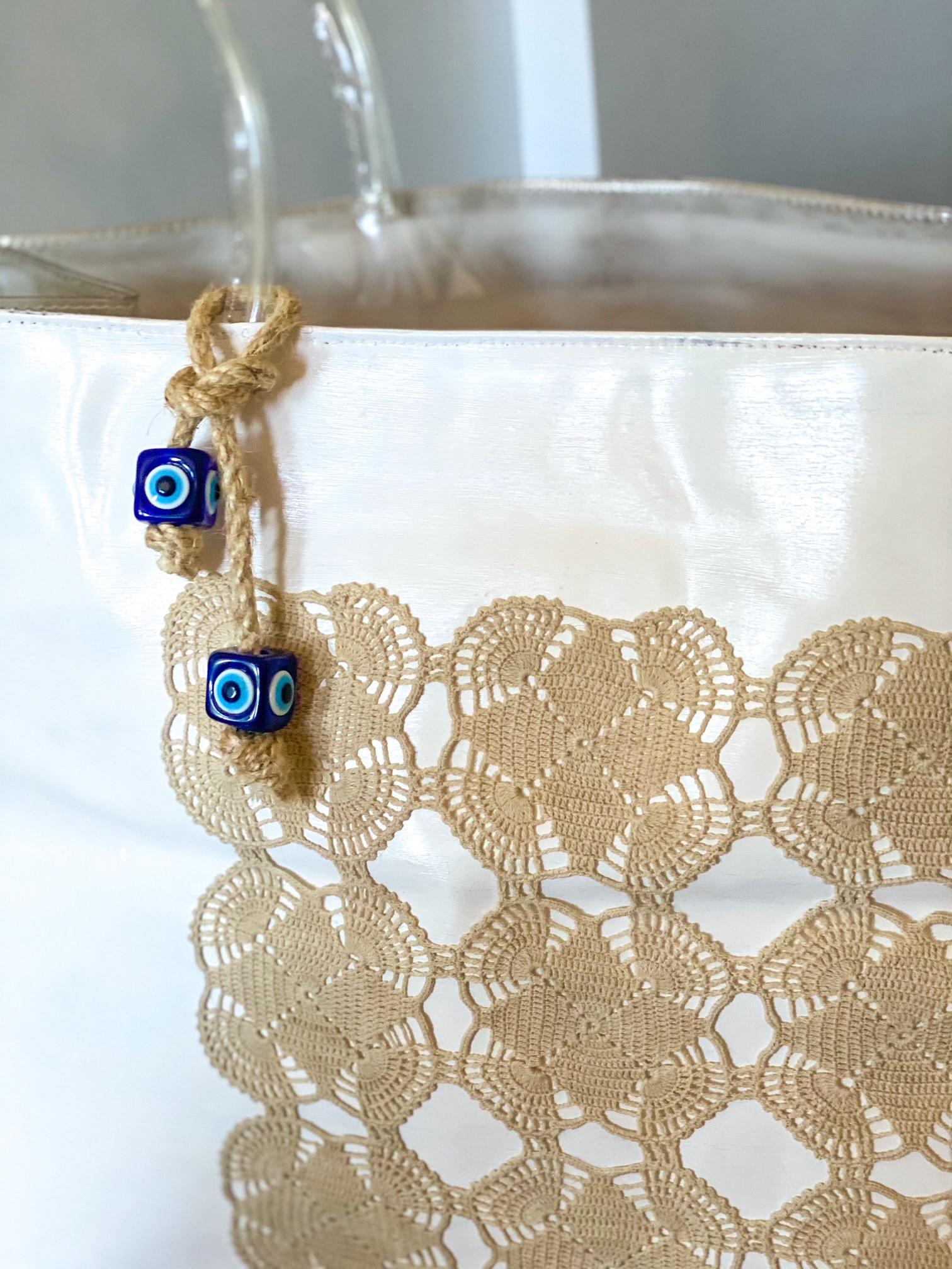 Urban Upcycled Kind Hearted Sustainable Fashion and Lifestyle |  White Summer Beach Bag Hand Painted with Vintage Doily